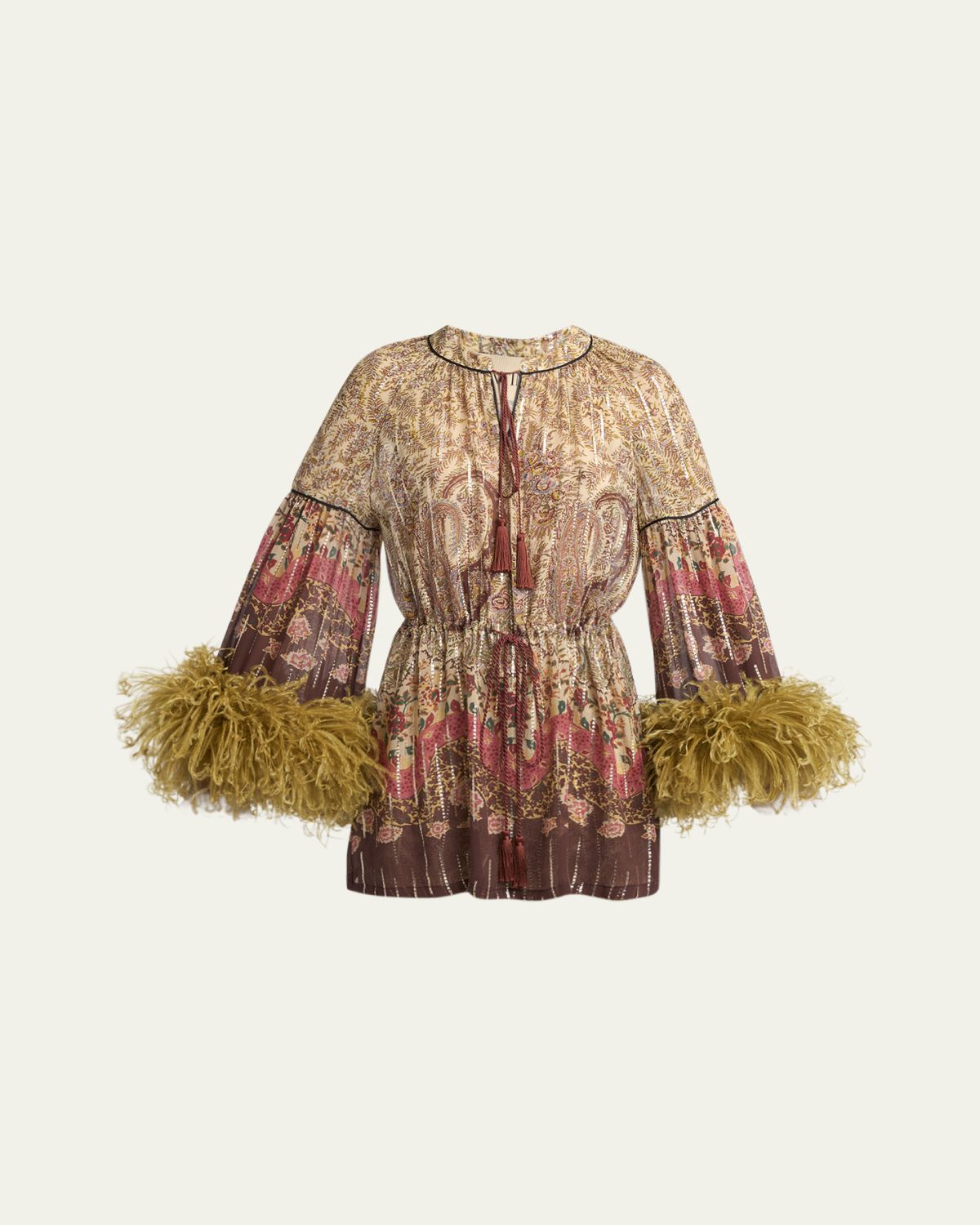 Valentino Garavani Flare-Sleeve Metallic Paisley Silk Top With Feather Trim