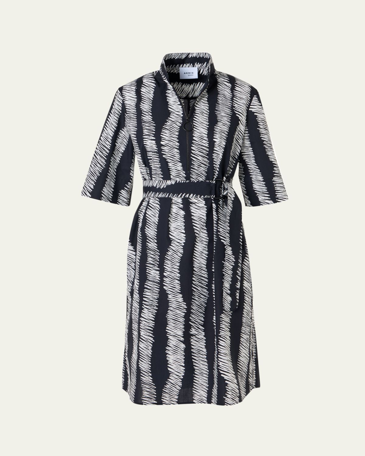 Akris punto Short-Sleeve Scribble Cotton Poplin Belted Shirtdress