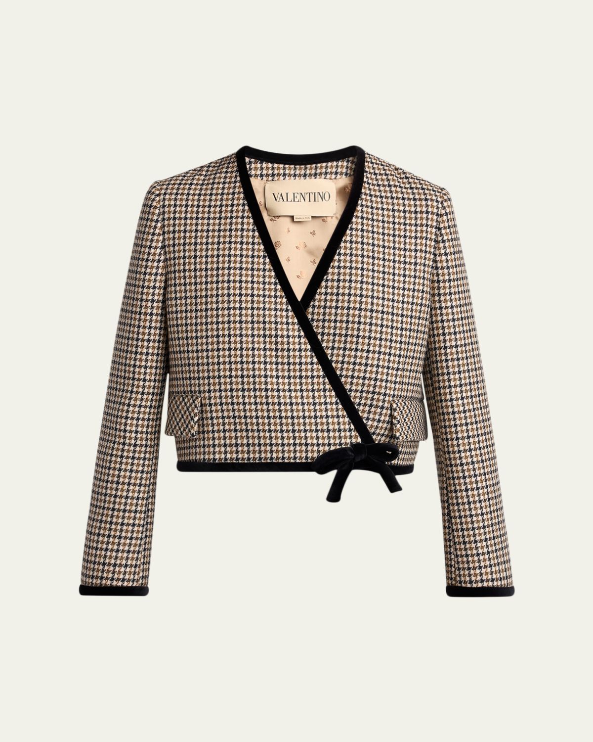 Valentino Garavani Velvet-Trim Houndstooth Crop Wrap Jacket