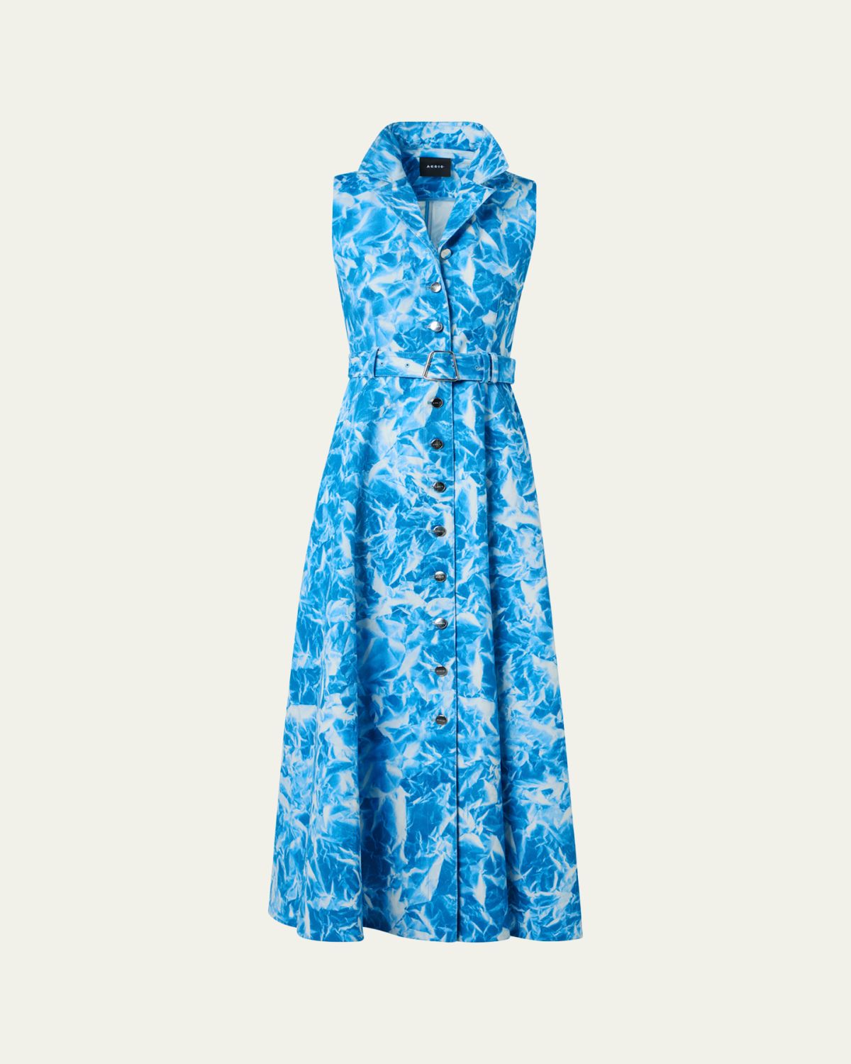 Akris Whitecaps Print Denim Belted Midi Shirtdress