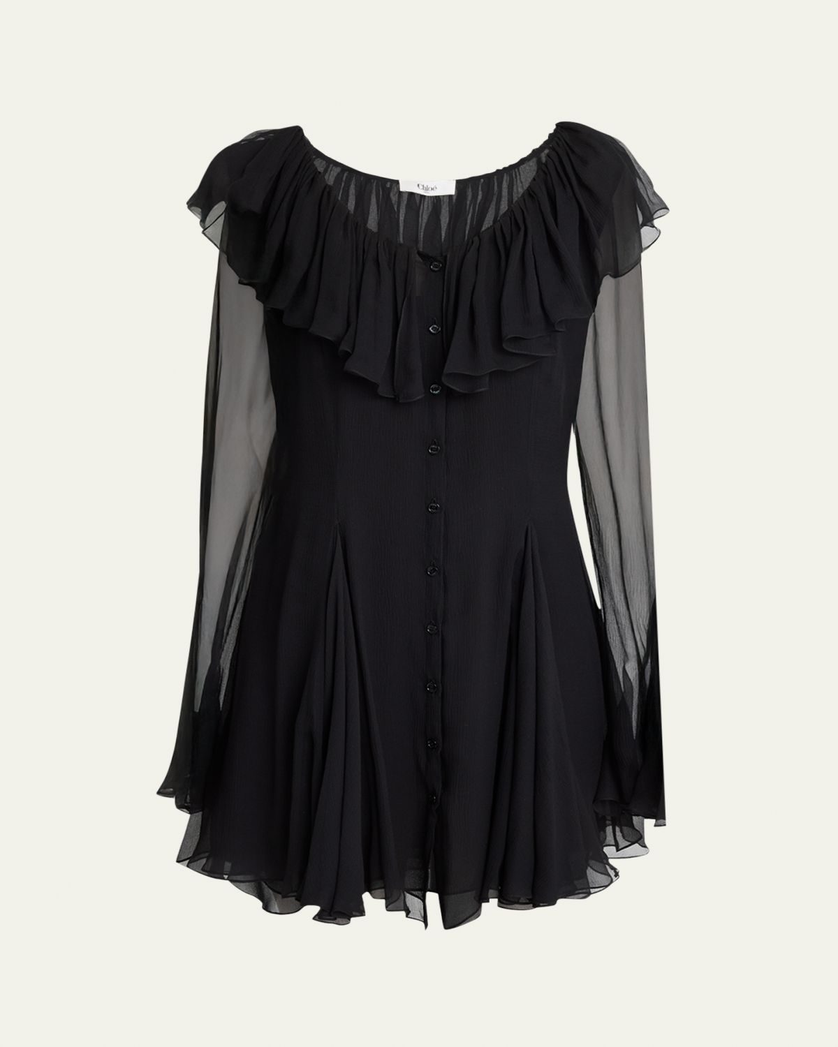 Chloe Ruffle Long-Sleeve Silk Mousseline Mini Dress