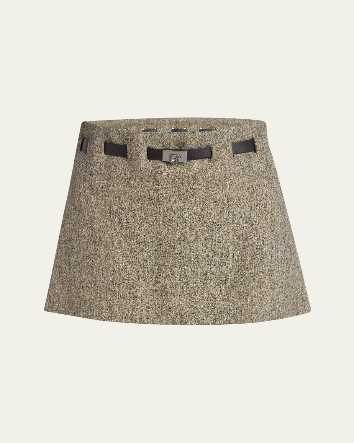 Ferragamo Mouline Linen Pleated Mini Skirt With Belt