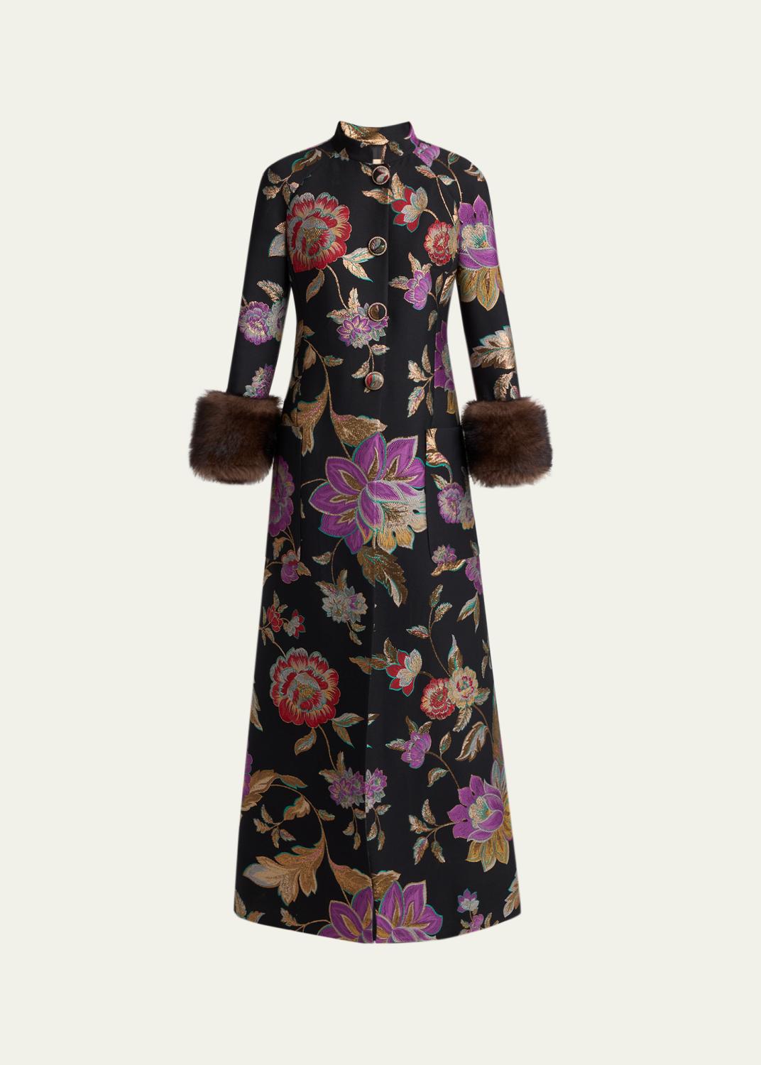 Sheep Shearling-Cuffs Metallic Floral Jacquard Long Coat