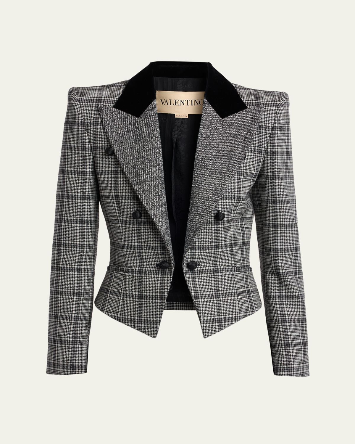 Valentino Garavani Velvet-Trim Check Double-Breasted Jacket
