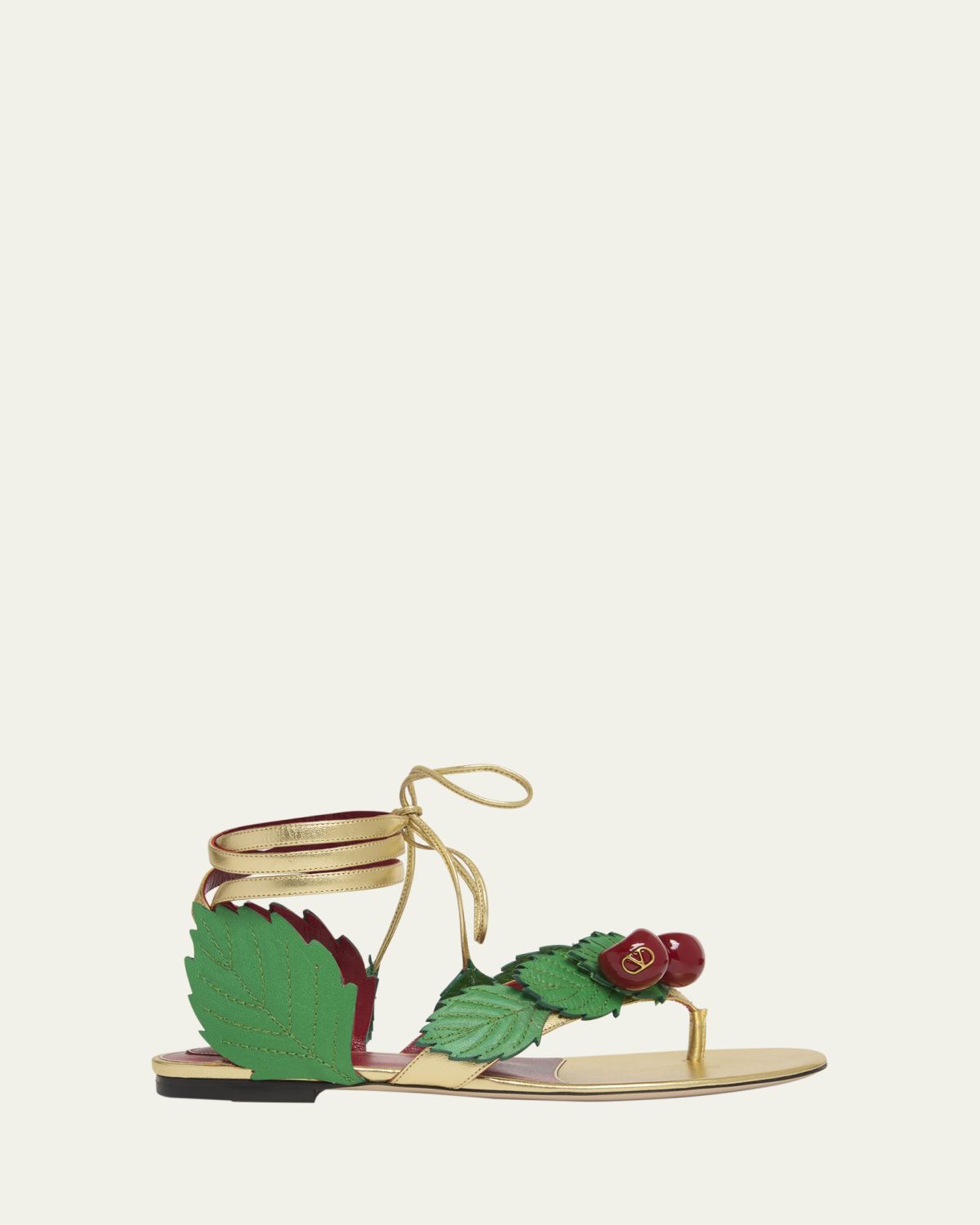 Valentino Garavani VLogo Cherry Leather Ankle-Tie Thong Sandals