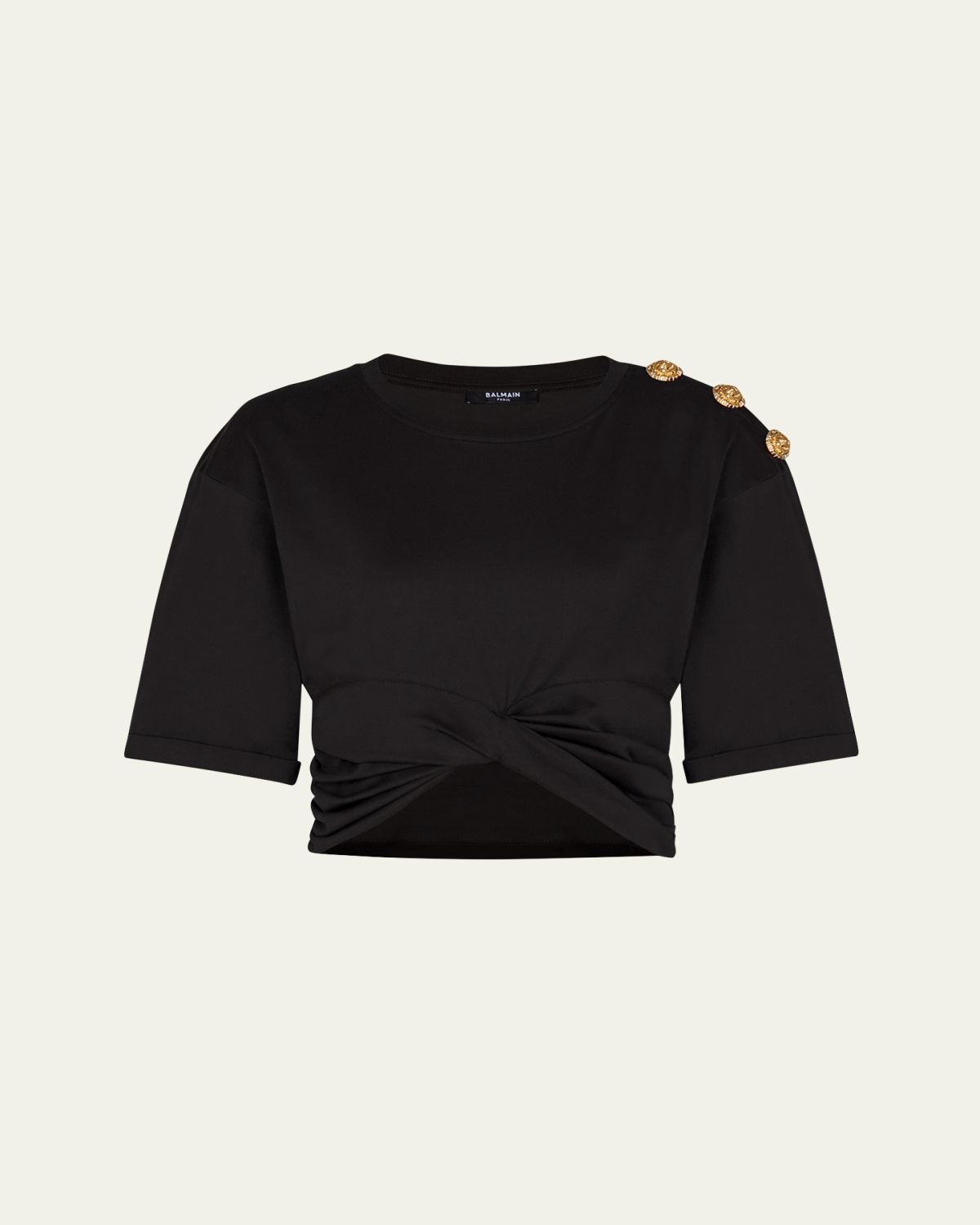 Balmain 3-Button Twisted Short-Sleeve Crop T-Shirt