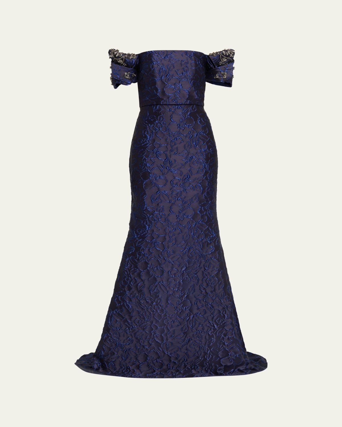 Badgley Mischka Beaded Off-Shoulder Jacquard Trumpet Gown