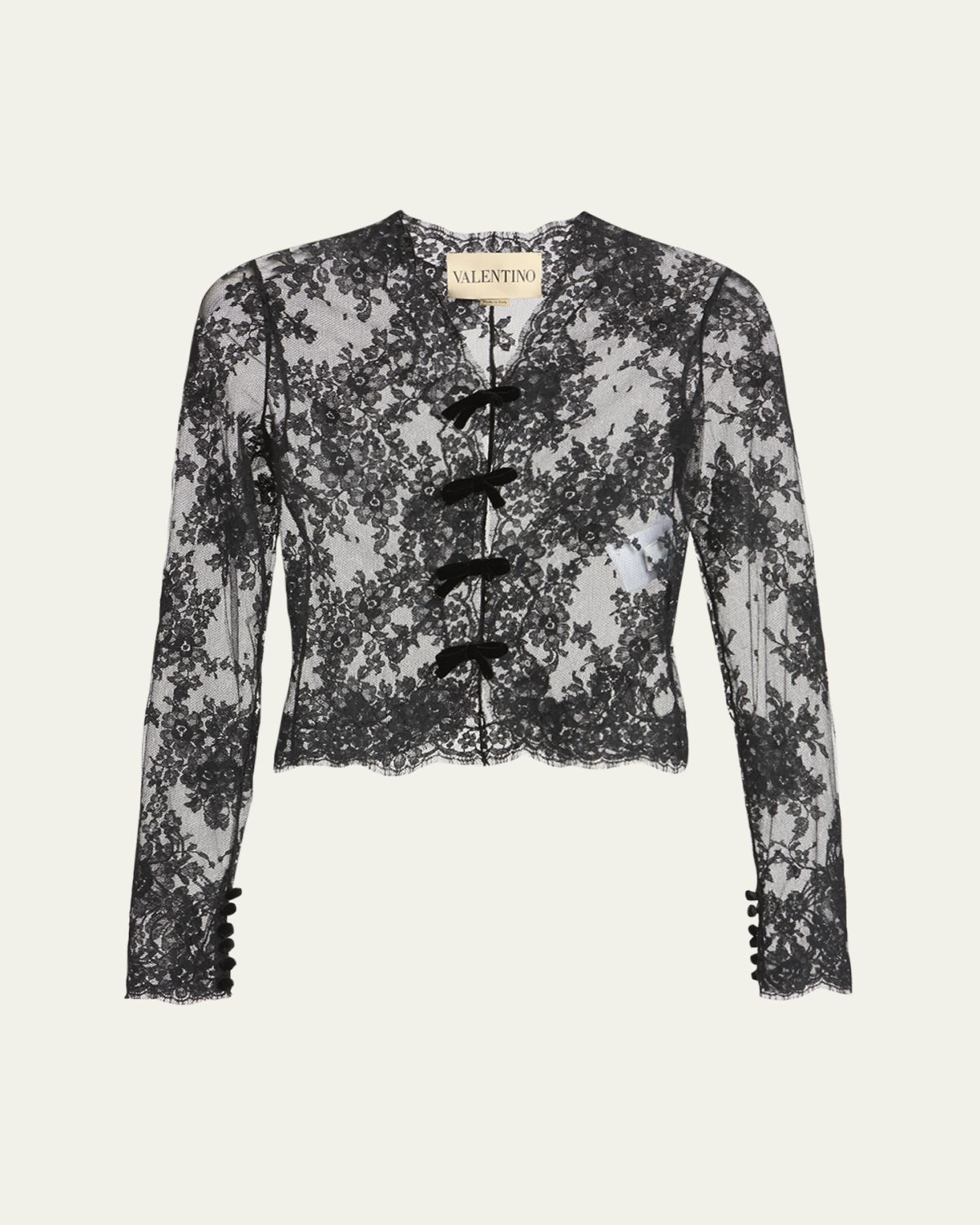 Valentino Garavani Sheer Lace Bow Long-Sleeve Blouse