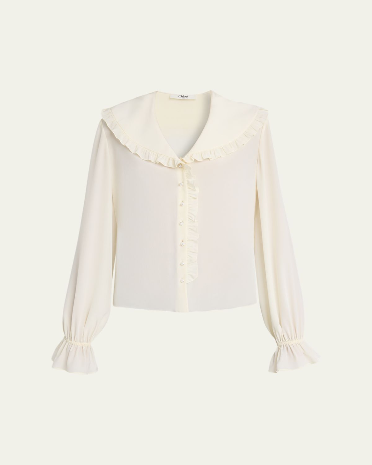 Chloe Bertha-Collar Ruffle Button-Down Silk Blouse