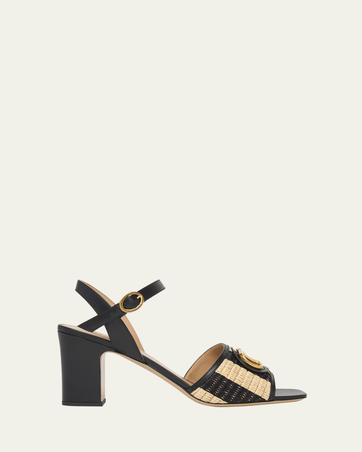 Valentino Garavani 75mm VLogo Leather and Striped Raffia Ankle-Strap Sandals