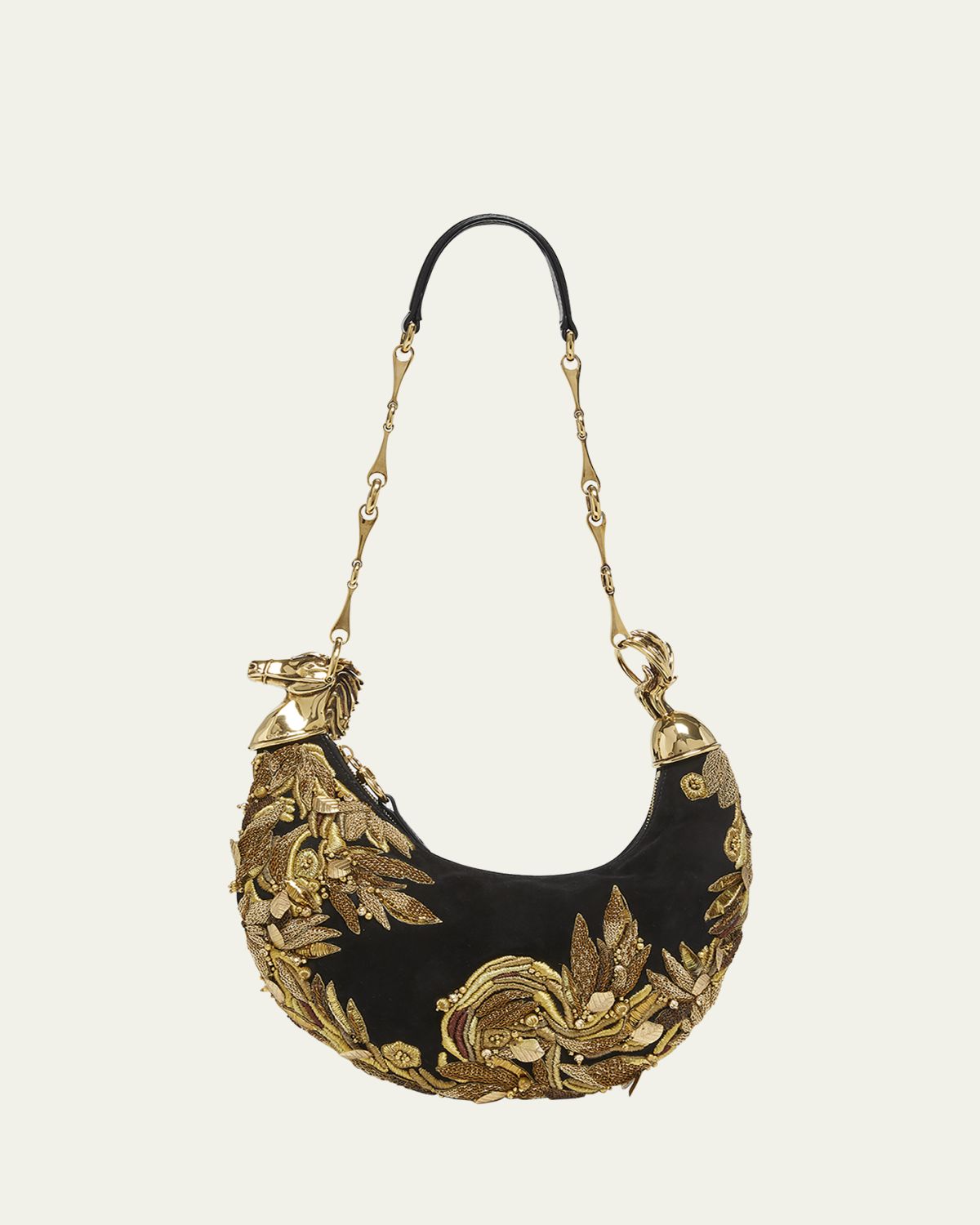 Chloe Chain Horse Bead-Embroidered Shoulder Bag in Suede
