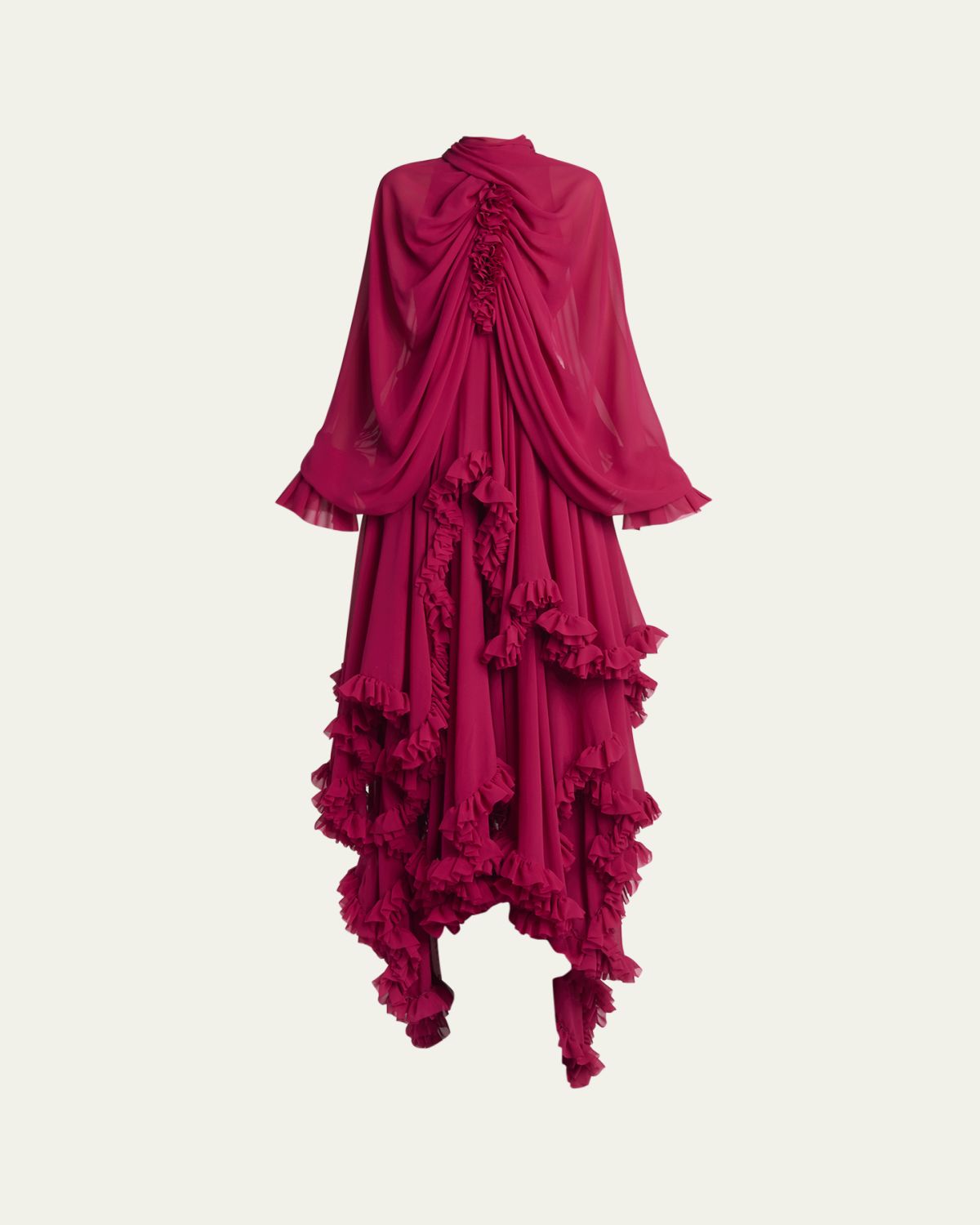McQueen Draped Open-Back Ruffle Cape Gown