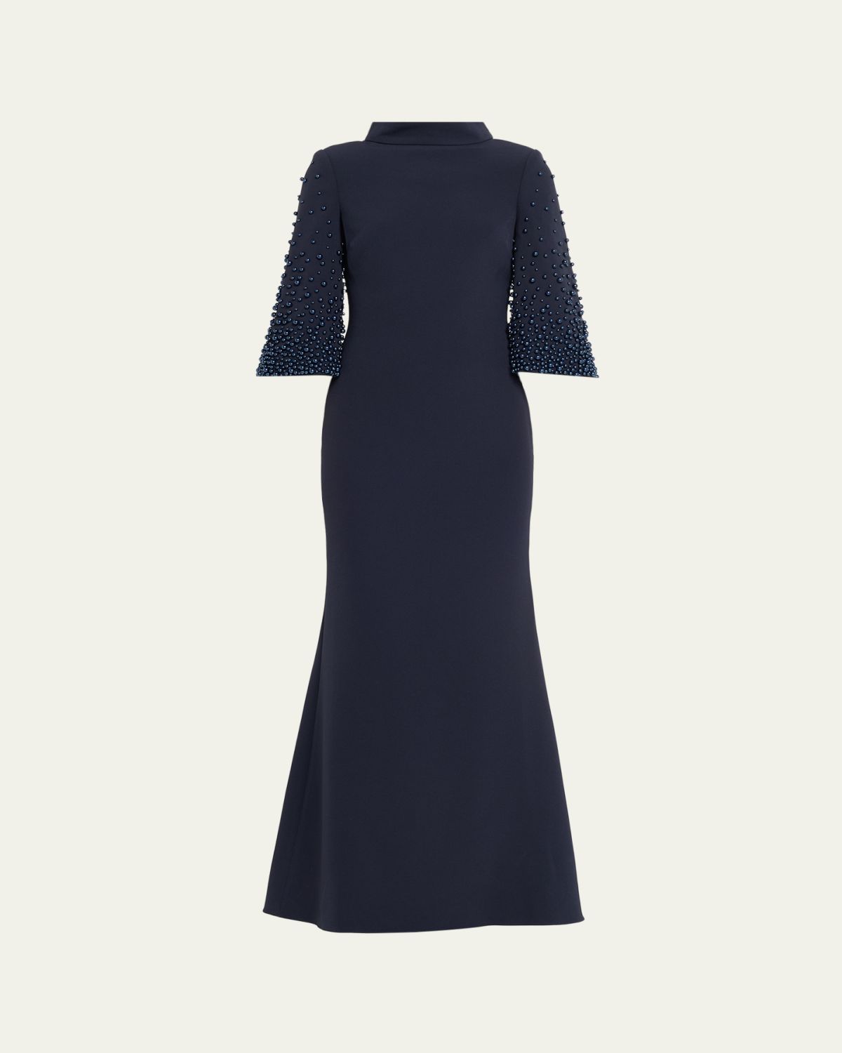 Badgley Mischka Beaded Funnel-Neck Crepe Trumpet Gown