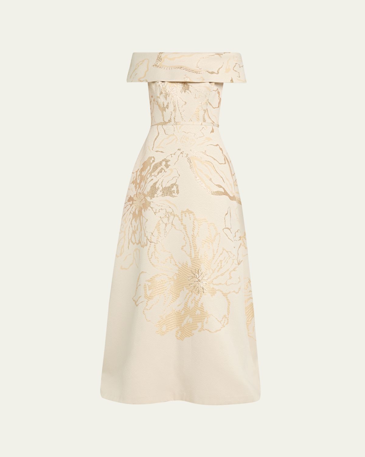 Rickie Freeman for Teri Jon Off-Shoulder Metallic Floral Jacquard Gown