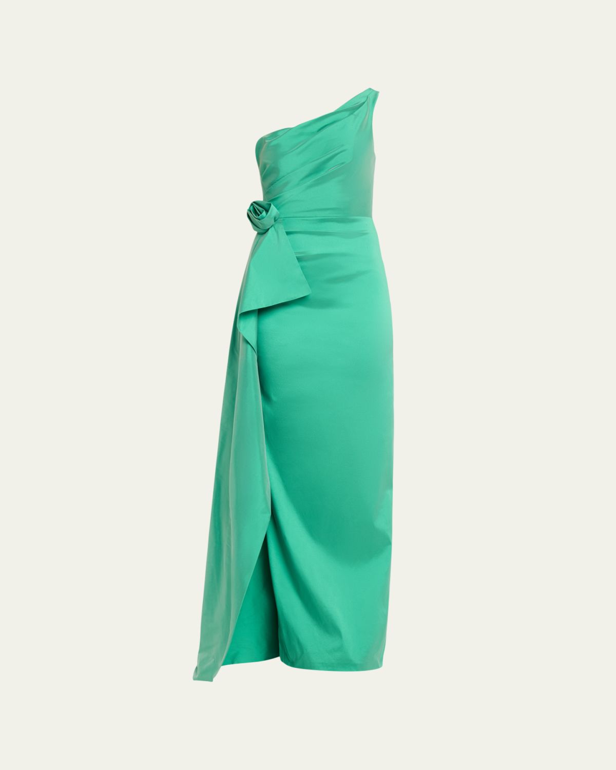 Rickie Freeman for Teri Jon Draped One-Shoulder Taffeta Column Gown