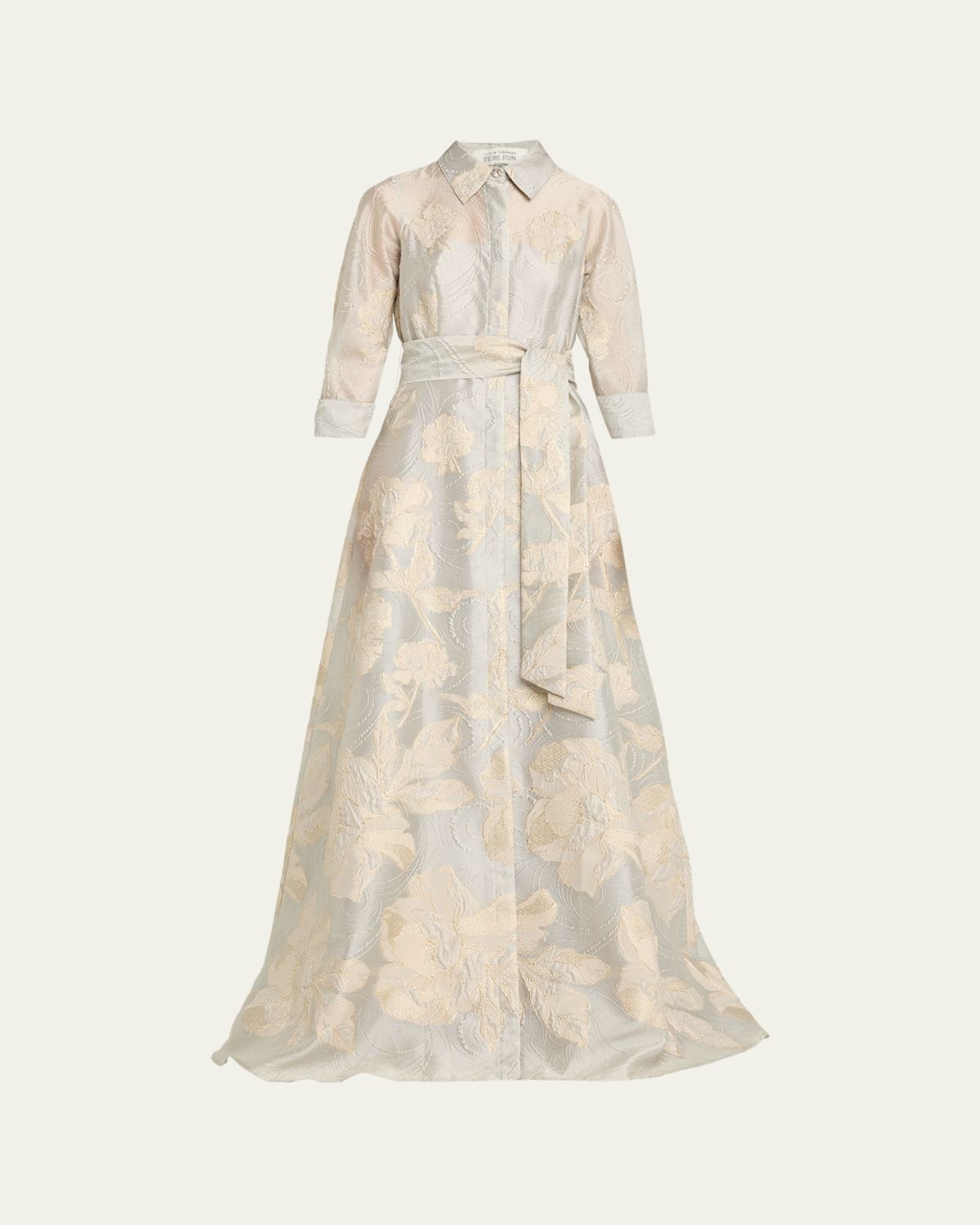 Rickie Freeman for Teri Jon Metallic Floral Jacquard Shirt Gown