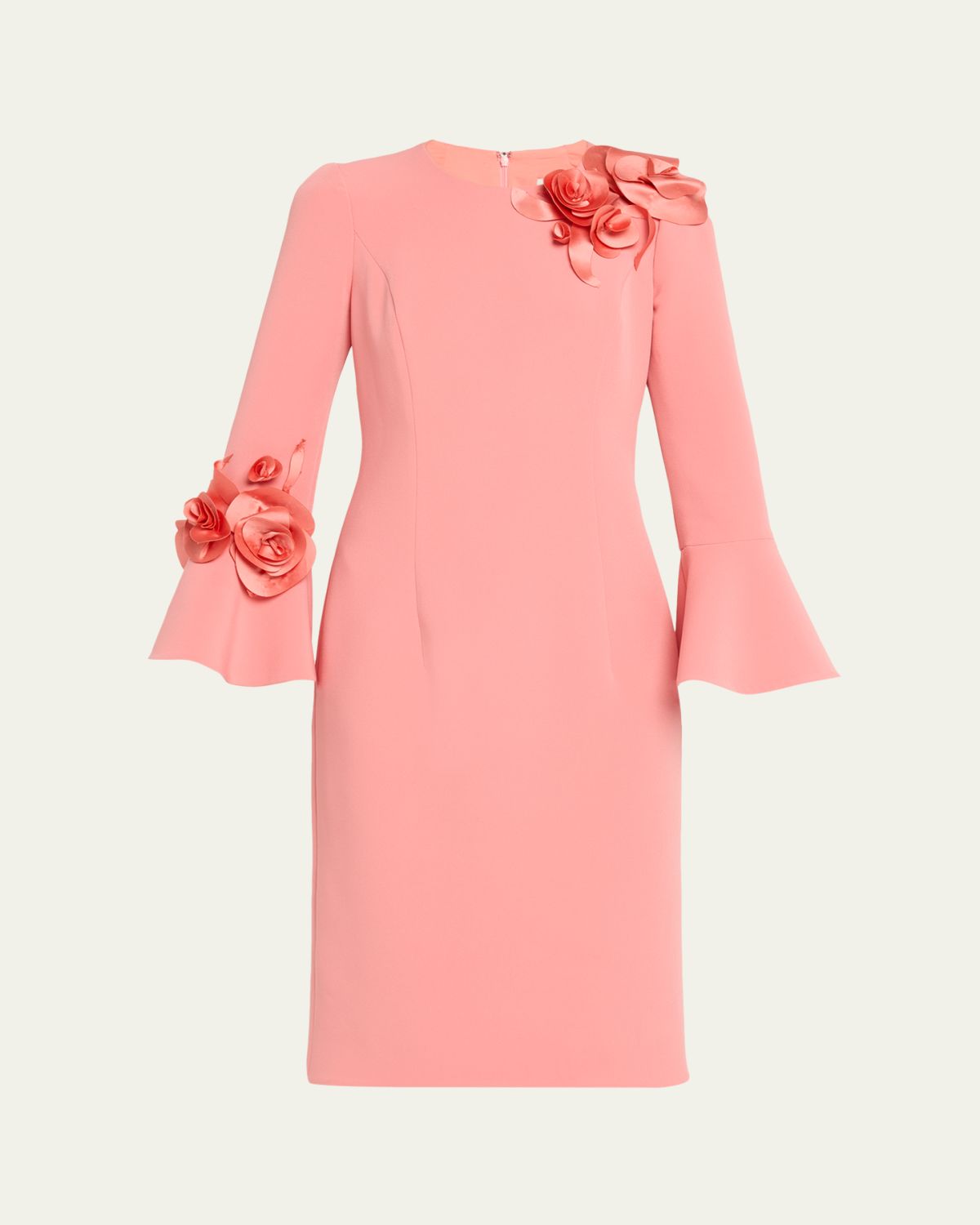 Rickie Freeman for Teri Jon Floral Applique Flare-Cuff Crepe Dress