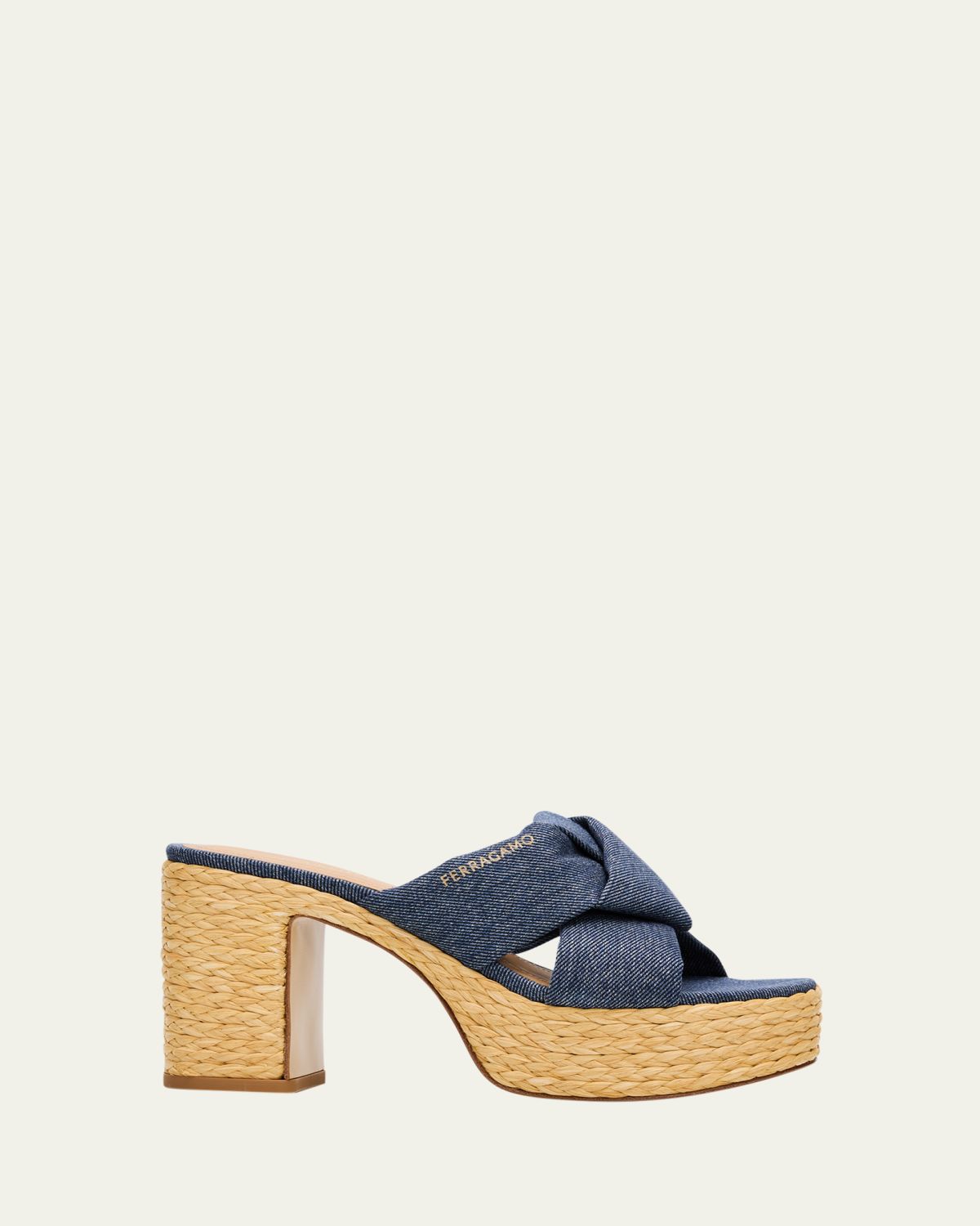 Ferragamo 85mm Douglas Platform Denim Mule Sandals