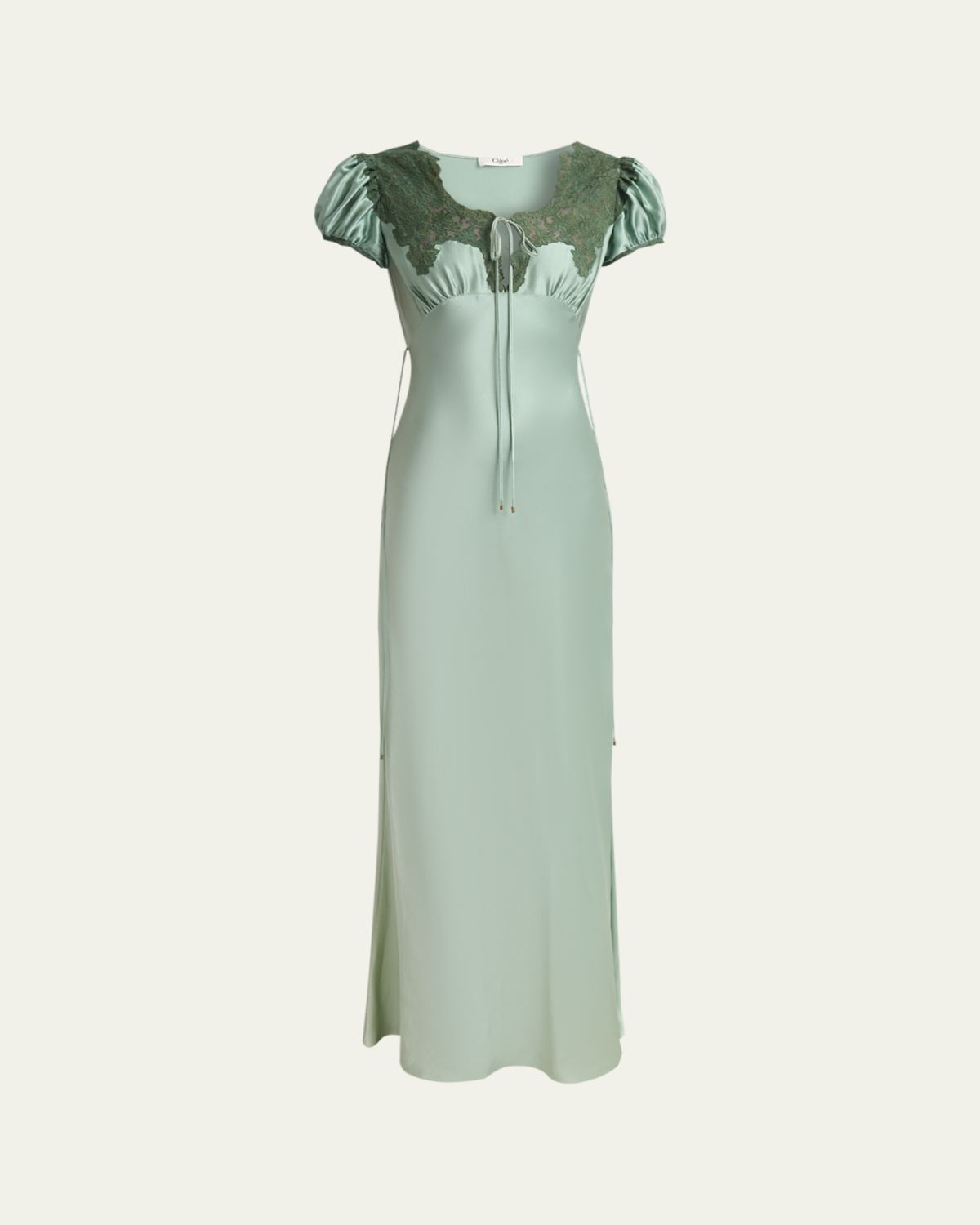 Chloe Lace-Trimmed Silk Satin Puff-Sleeve Dress