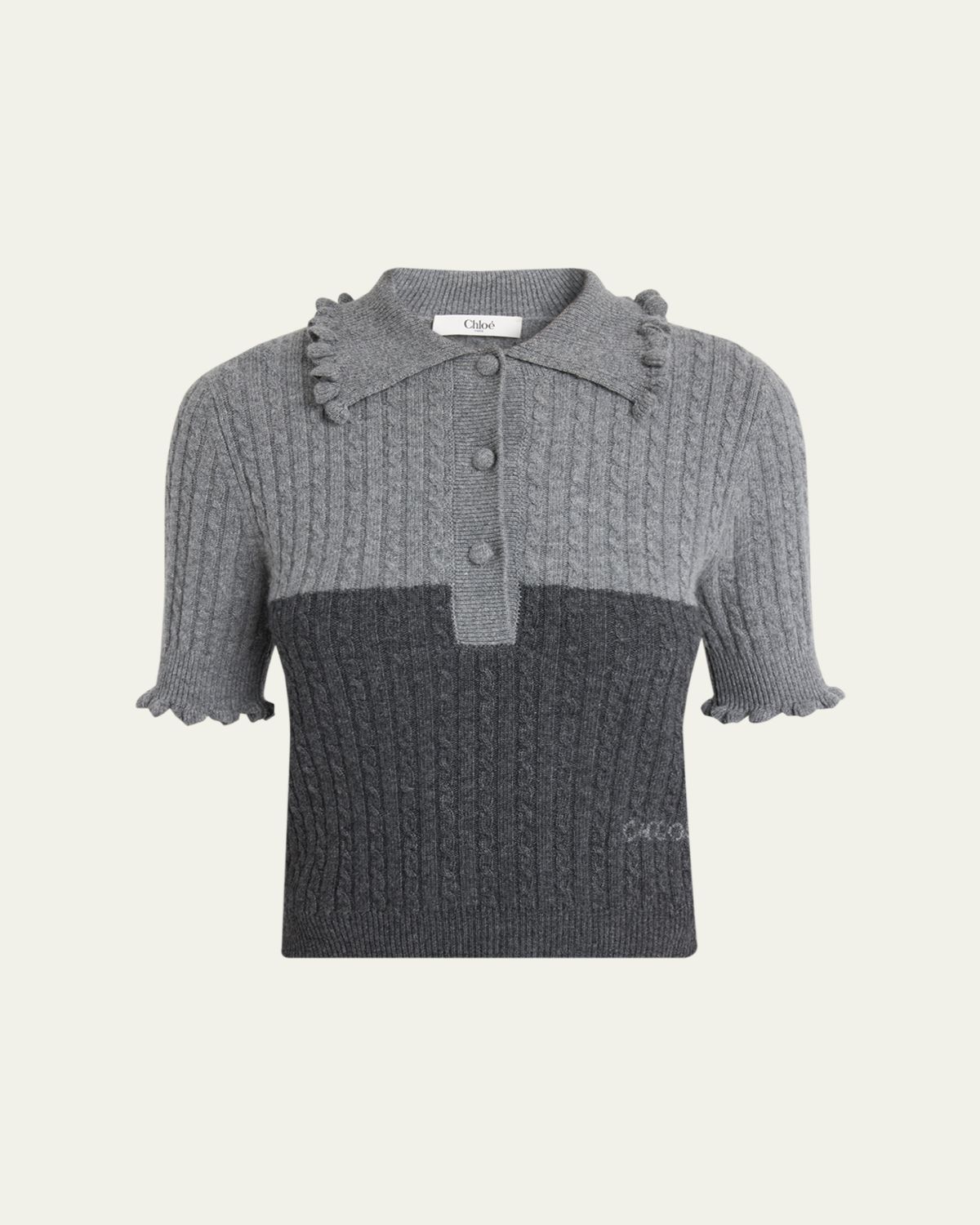 Chloe Bicolor Ruffle-Trim Short-Sleeve Polo Sweater