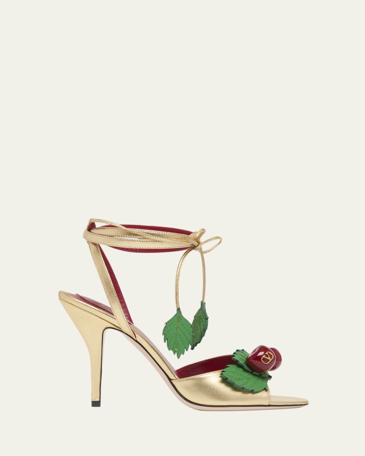 Valentino Garavani 100mm VLogo Cherry Leather Ankle-Tie Sandals
