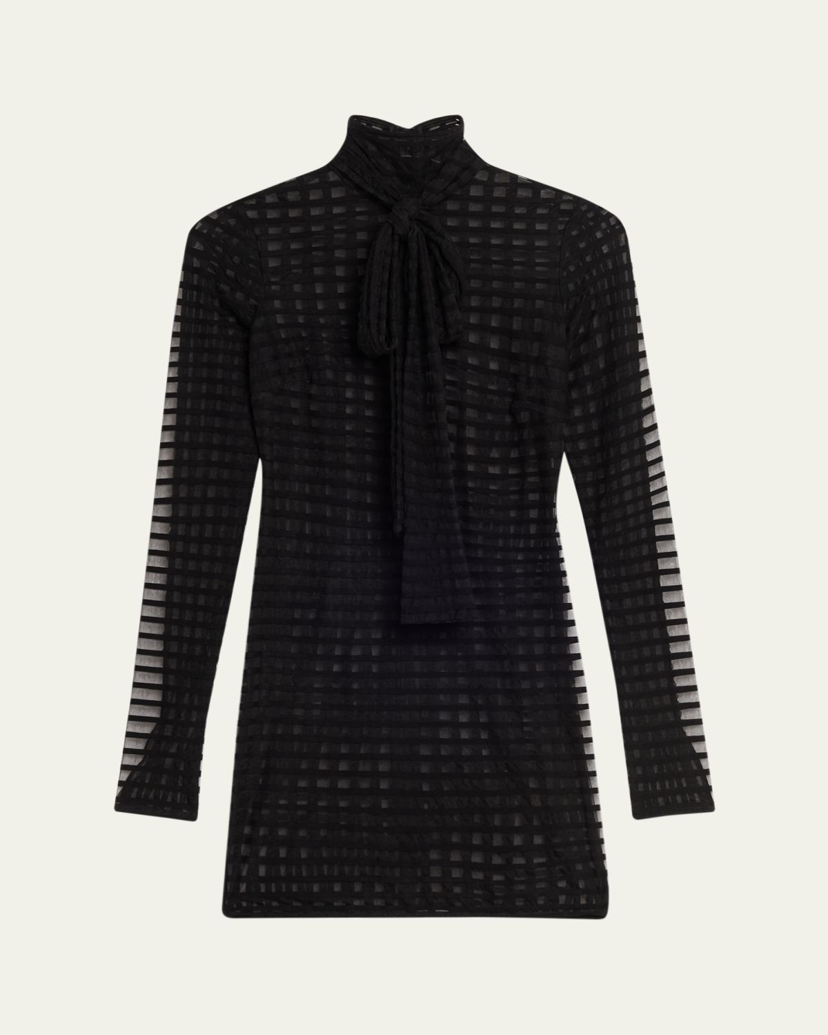 LaQuan Smith Bow-Neck Sheer Windowpane Long-Sleeve Mini Dress