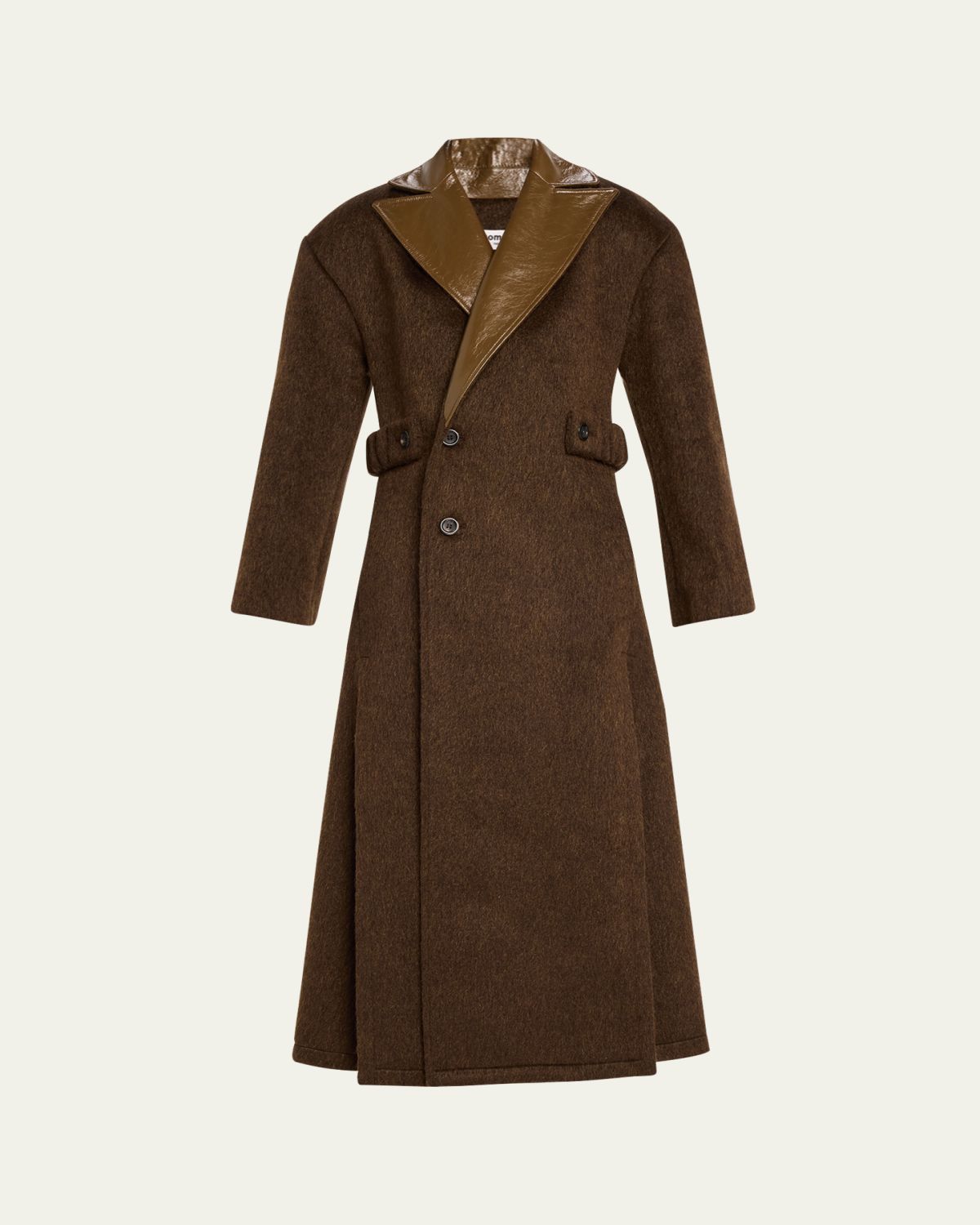 Zomer Shiny-Leather Lapels Double-Breasted Faux-Fur Trench Coat