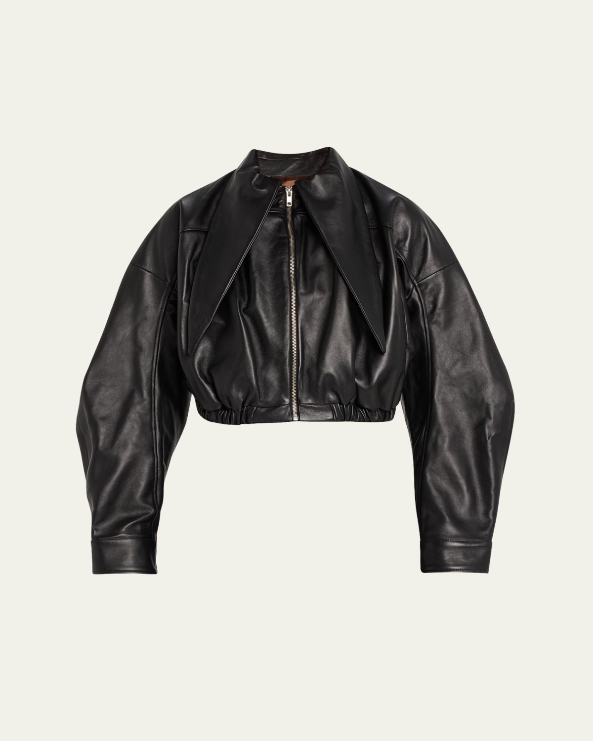 Zomer Exaggerated-Collar Leather Crop Bomber Jacket