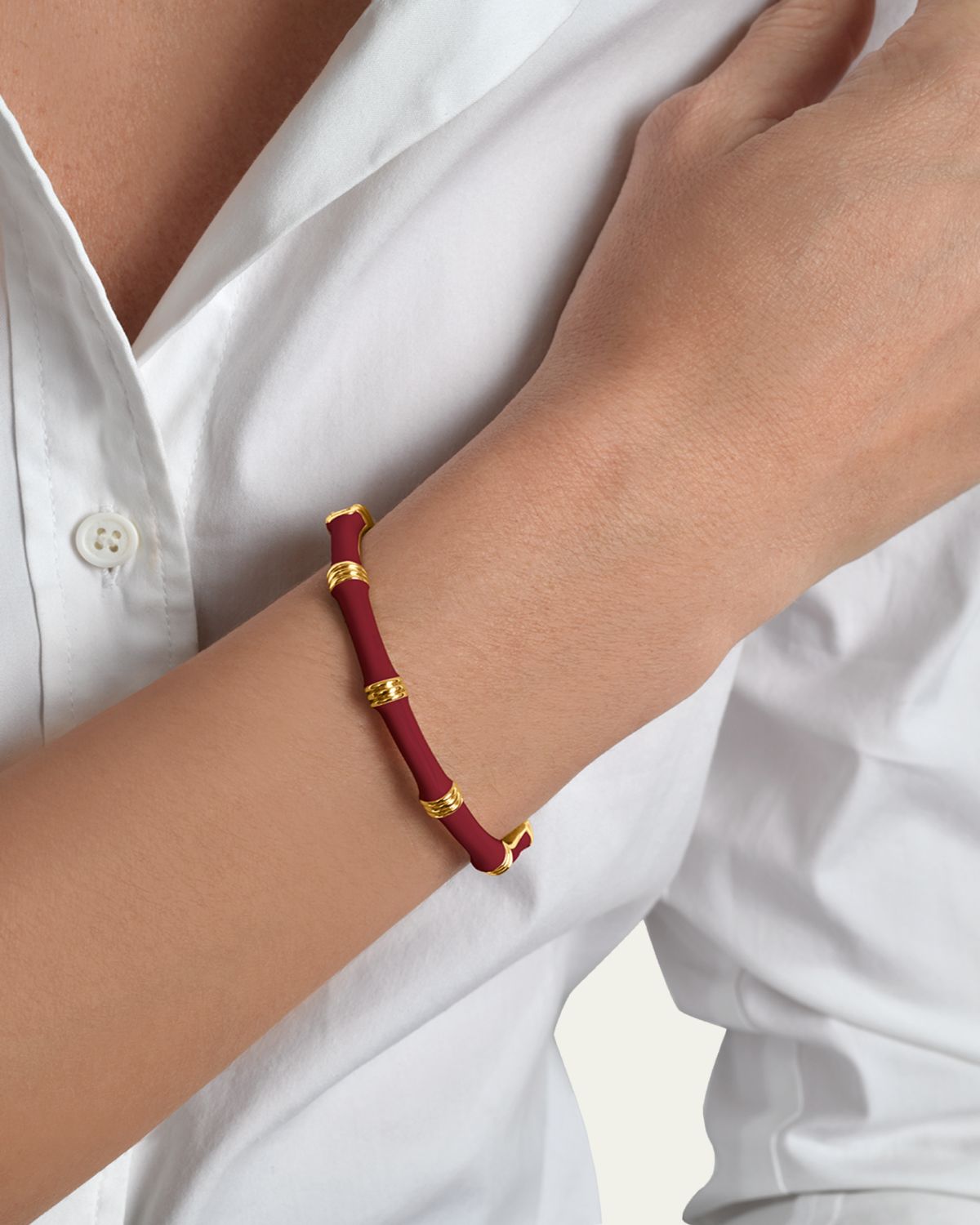 Anabel Aram Jewelry Bamboo Enameled Hinged Bangle, Dark Red | Thumbnail 2