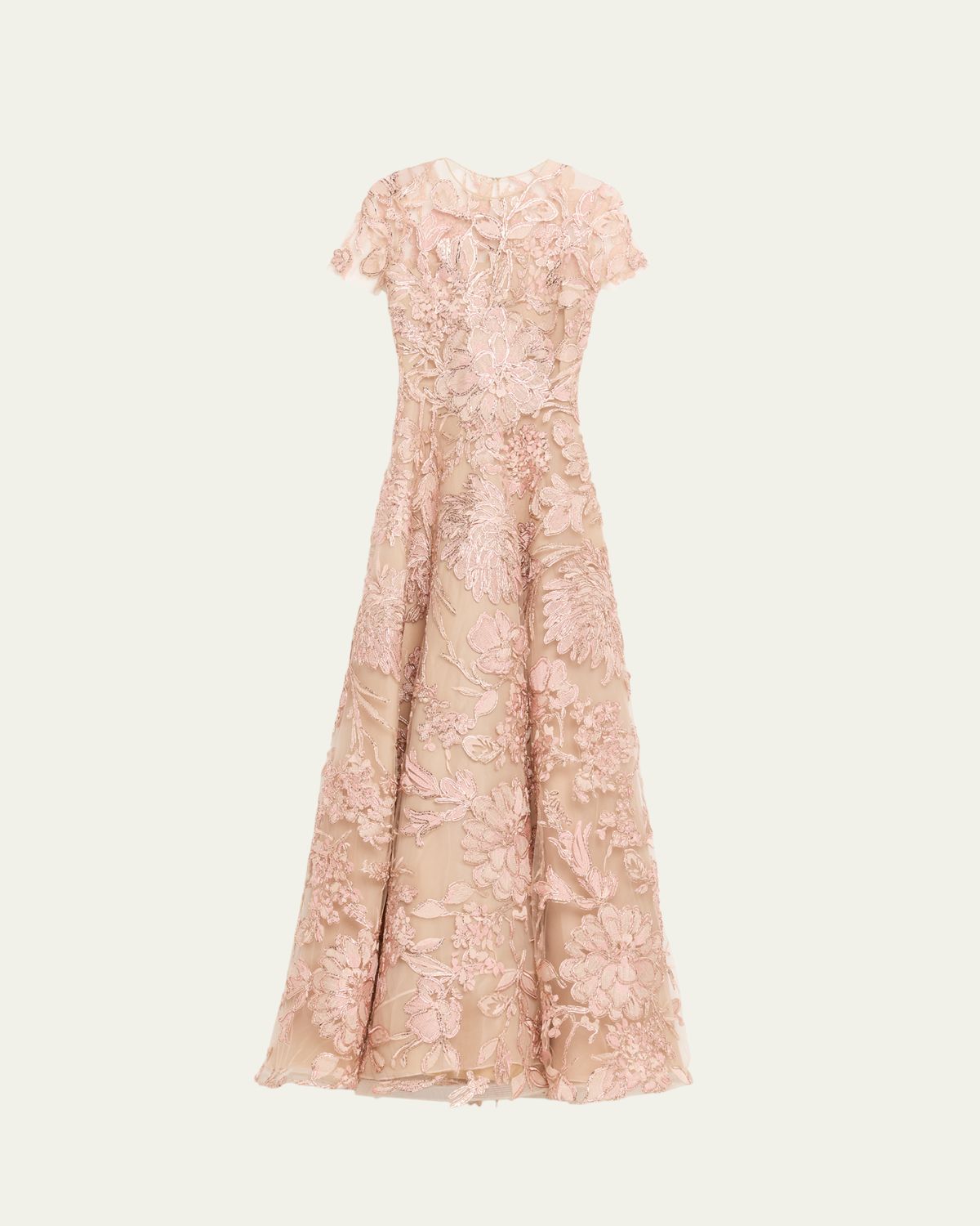 Naeem Khan Floral Raffia Embroidered Tulle Short-Sleeve Gown