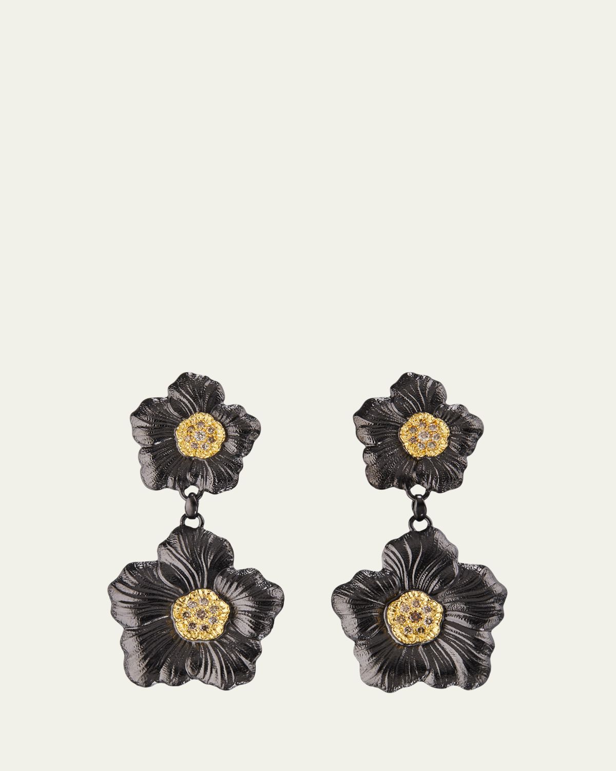 Buccellati Blossom Gardenia Burnished Silver, Gold, Brown Diamond Drop Earrings