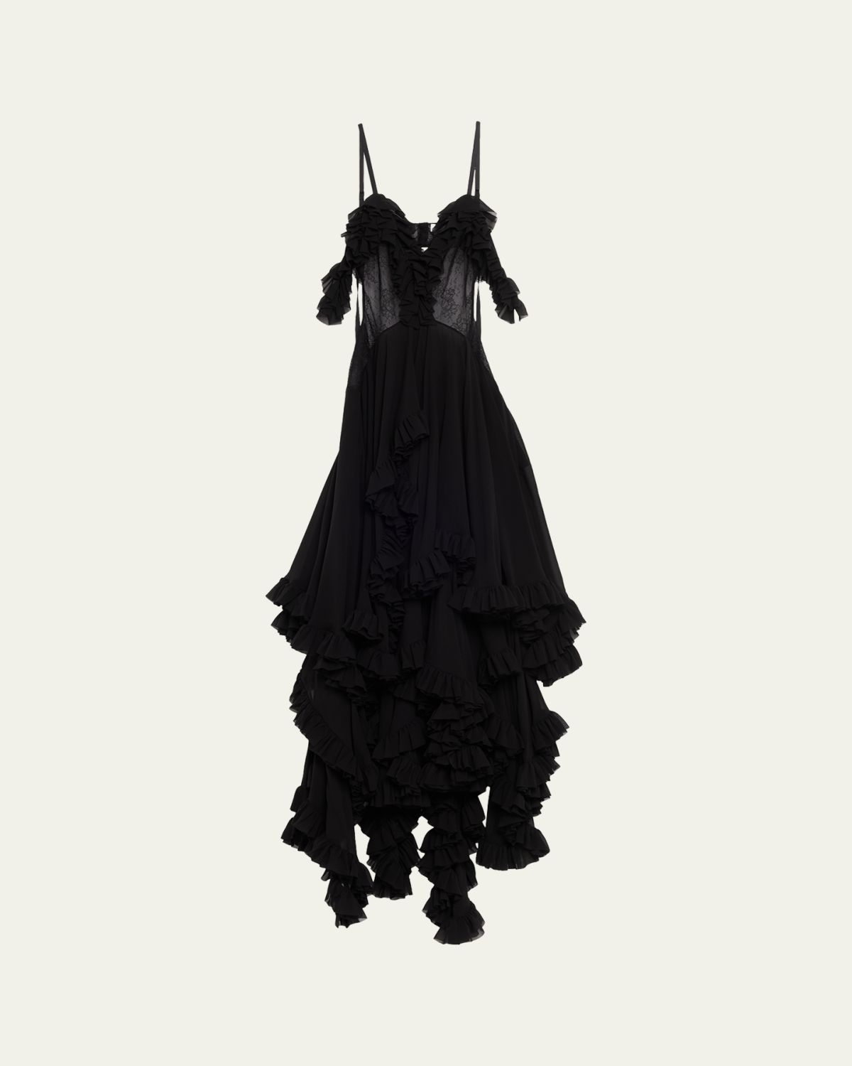 McQueen Lace-Inset Tiered Ruffle Chiffon Evening Dress