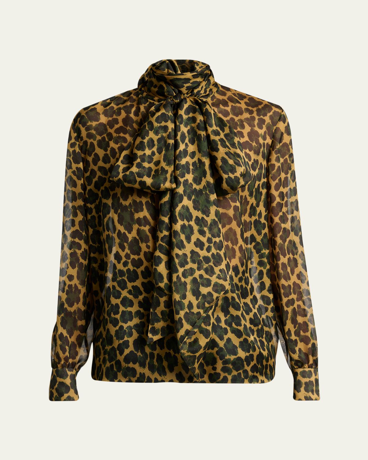 Saint Laurent Leopard Silk Chiffon Bow-Neck Blouse