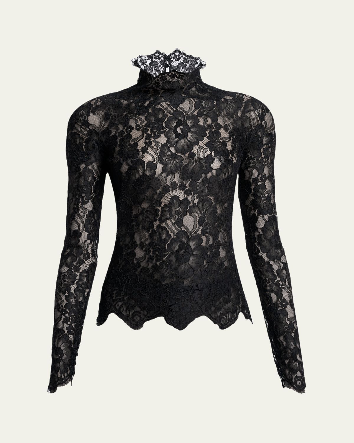 Saint Laurent Turtleneck Sheer Lace Long-Sleeve Top