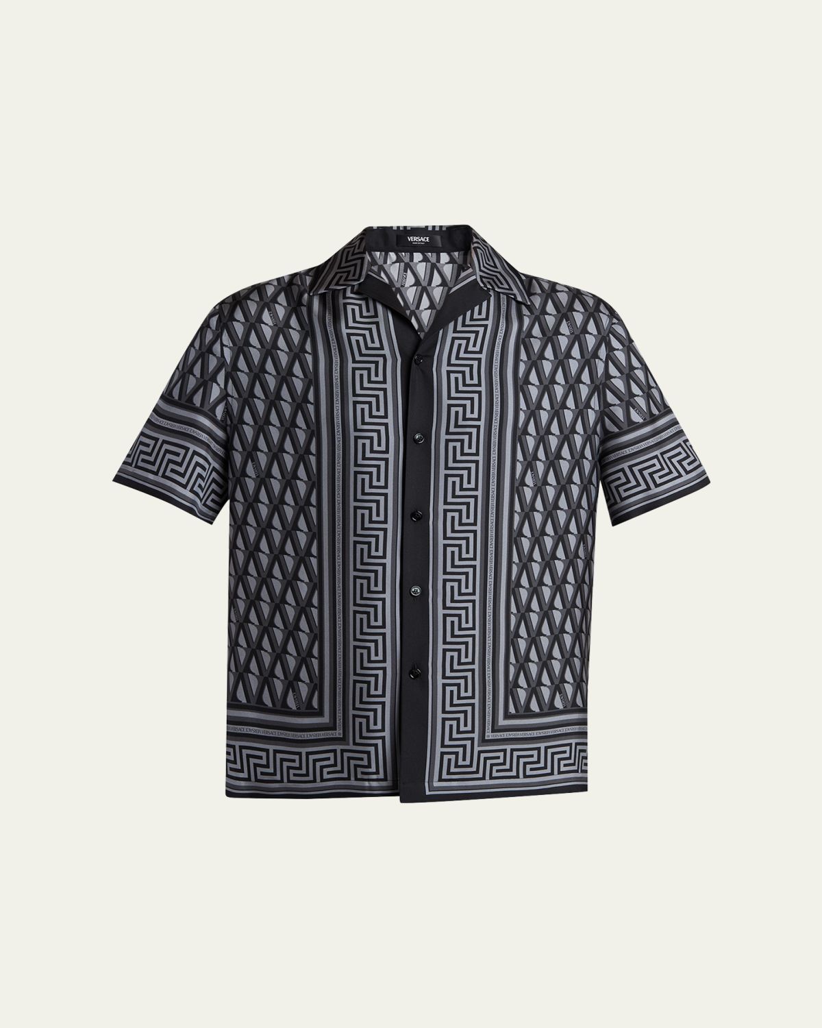 Versace Men 's Silk Monogram Greca-Trim Bowling Shirt