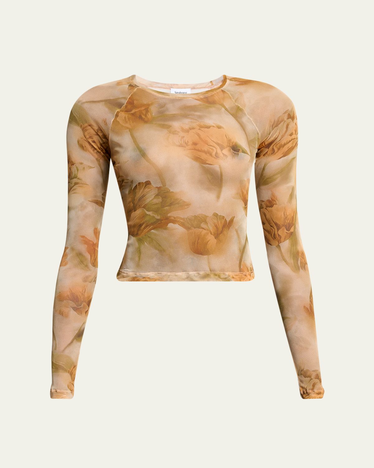 Saint Laurent Floral-Print Mesh Long-Sleeve Top