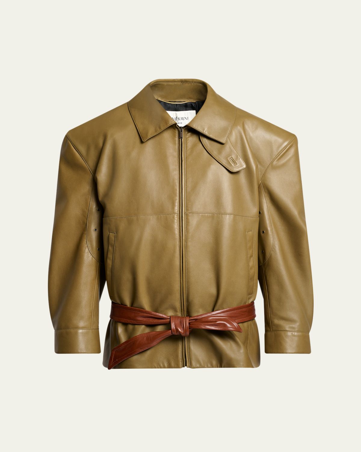Saint Laurent Strong-Shoulder Belted Leather Jacket