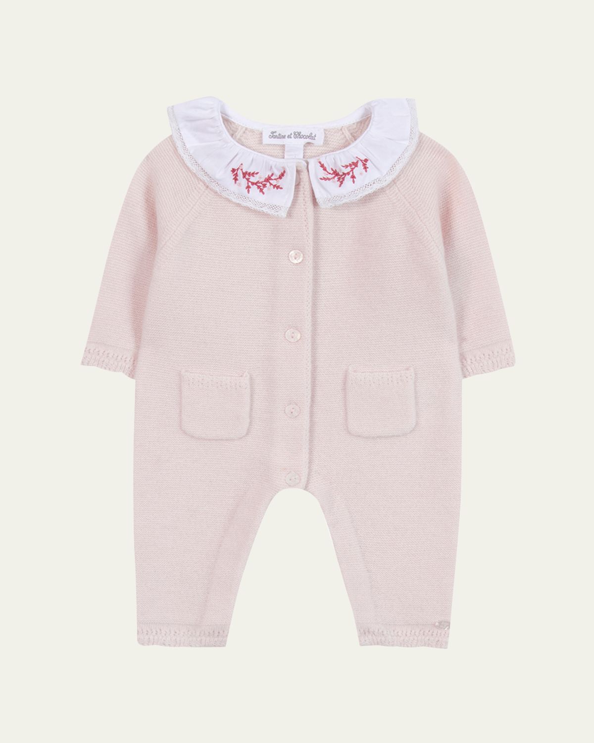 Tartine et Chocolat Girl's Embroidered-Collar Wool Cashmere Knit Jumpsuit, Size 1M-2