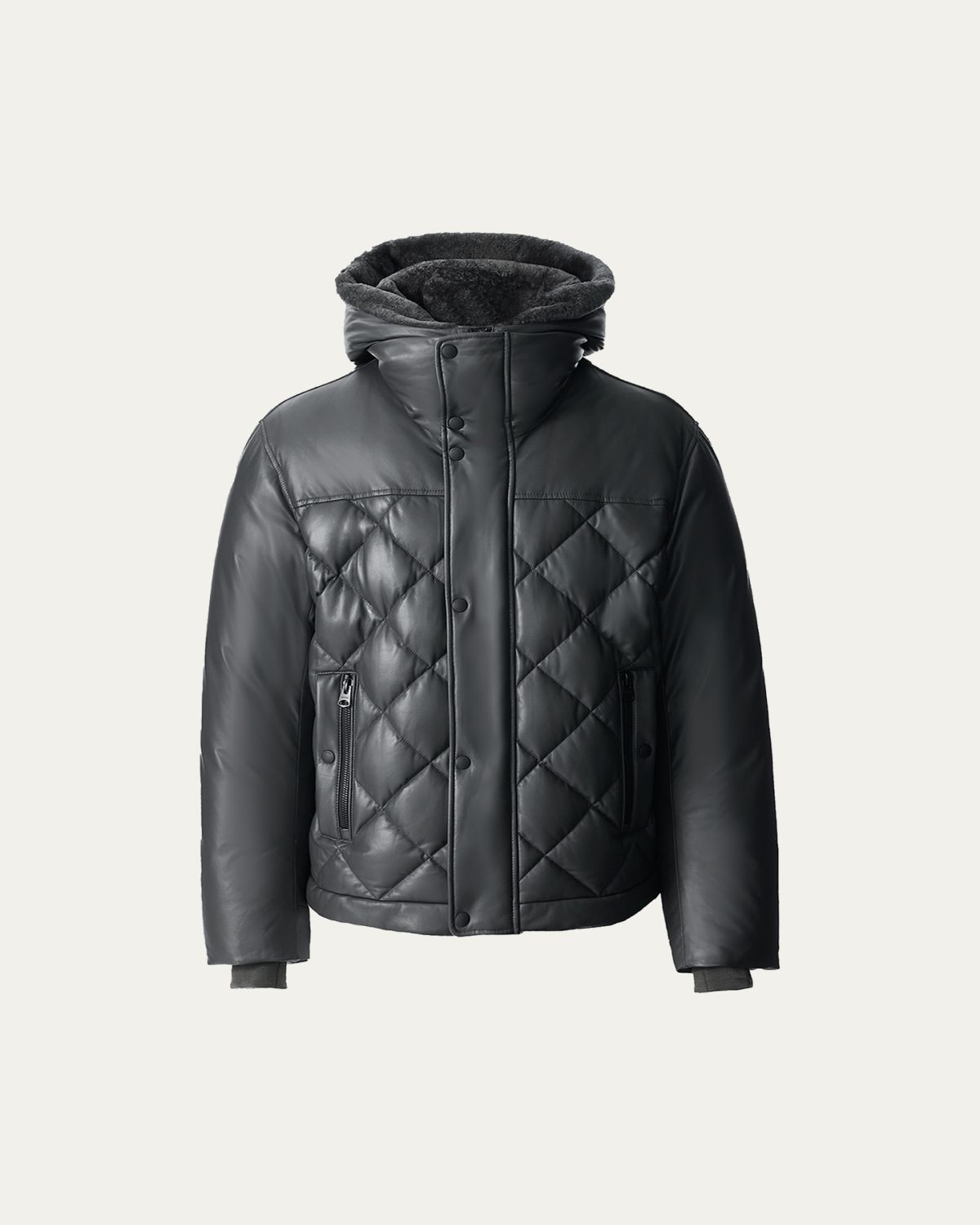 Mackage Men 's Cash Down Quilted Leather Jacket with Shearling Hood