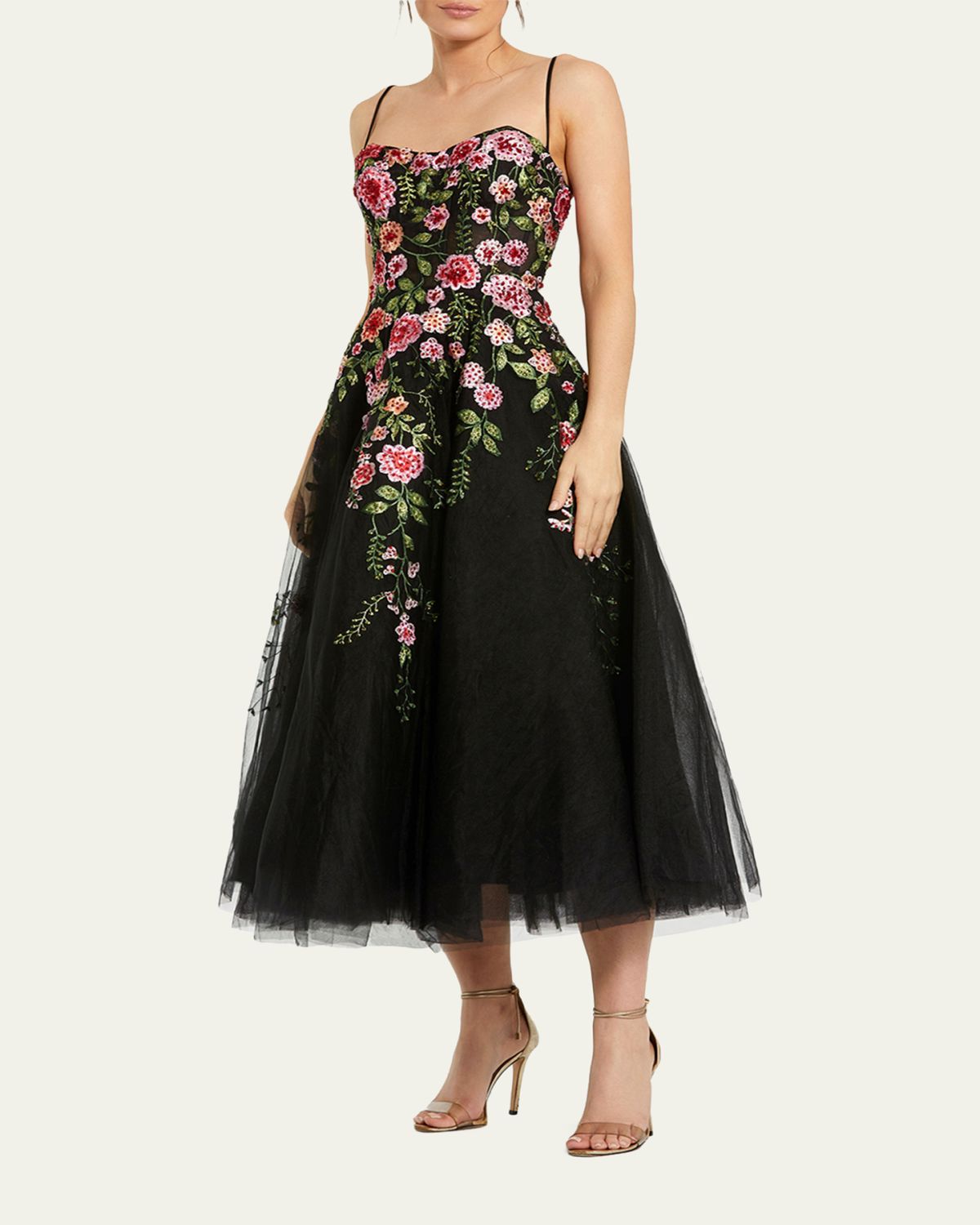 Mac Duggal Floral-Embroidered Tulle Midi Dress | Thumbnail 2