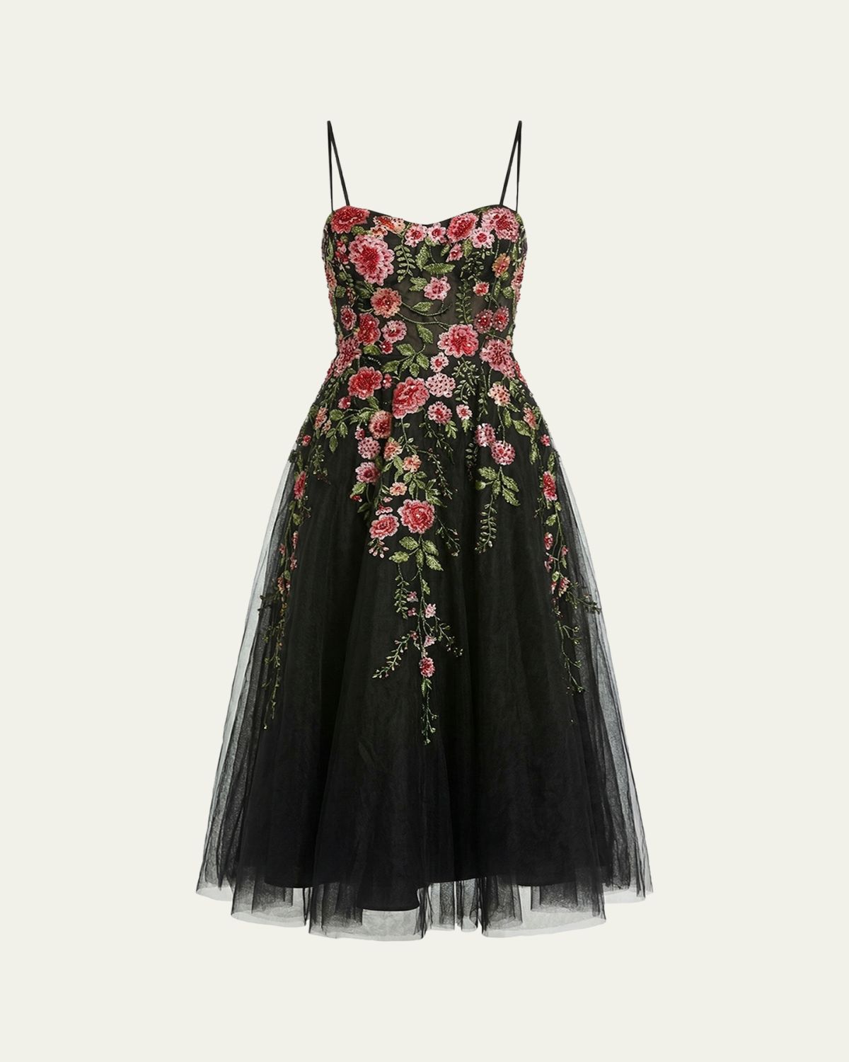 Mac Duggal Floral-Embroidered Tulle Midi Dress