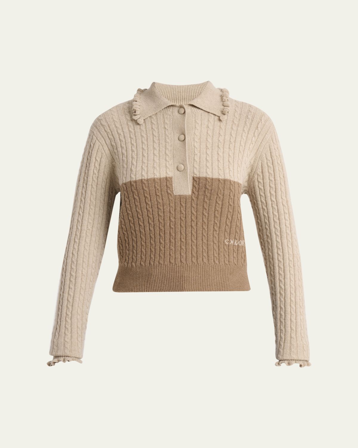 Chloe Ruffled Cable-Knit Bicolor Pullover