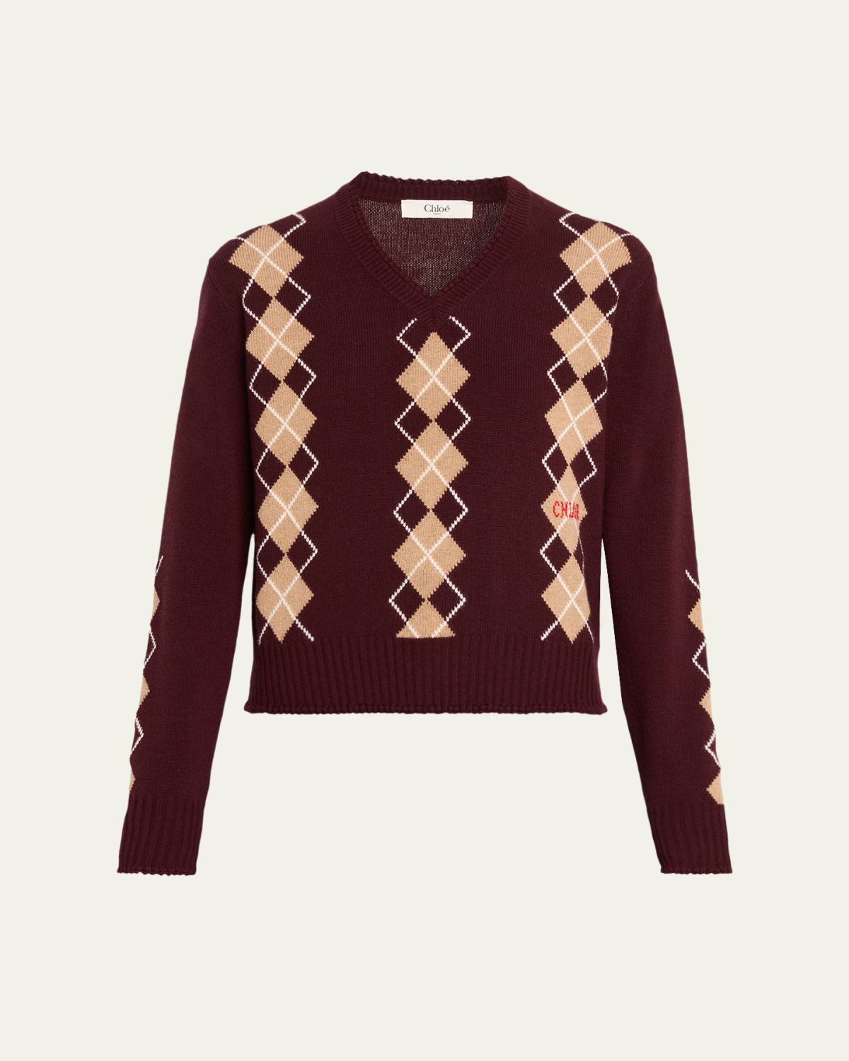 Chloe Wool-Cashmere Argyle V-Neck Sweater