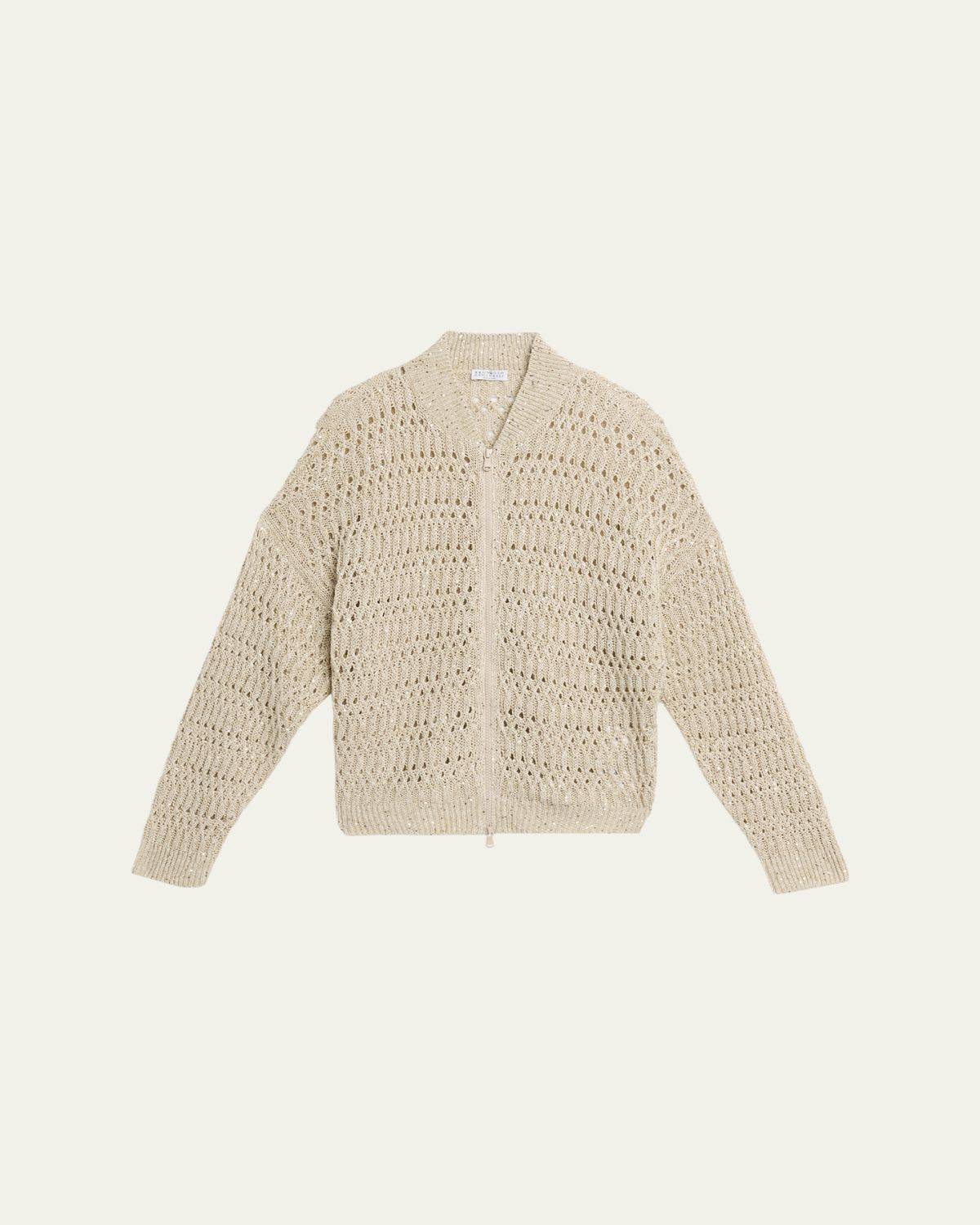 Brunello Cucinelli Paillette Linen Open-Knit Zip Cardigan