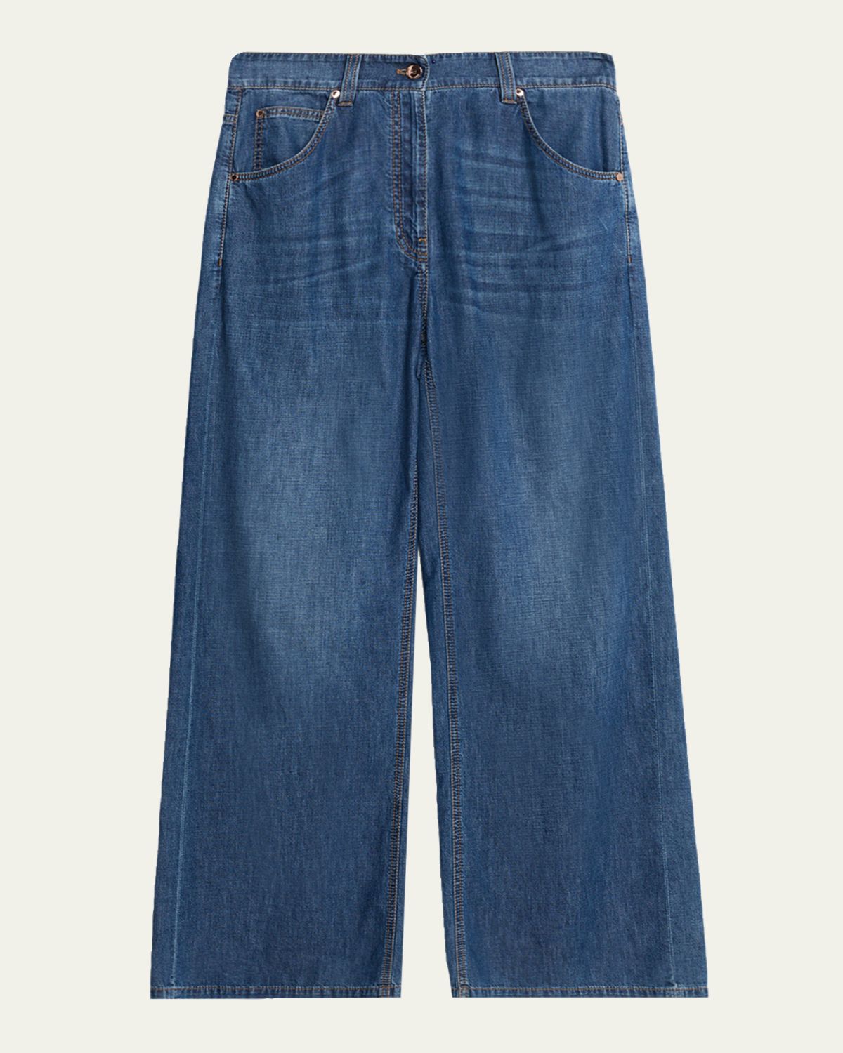 Brunello Cucinelli Lightweight Denim Wide-Leg Jeans With Monili Trim