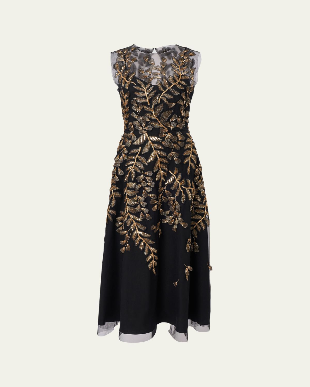 Carolina Herrera Gold Leaf-Embroidered Tulle Sleeveless Midi Dress