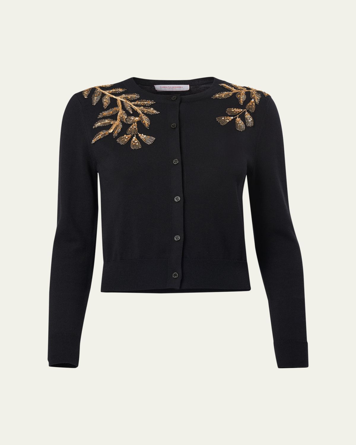 Carolina Herrera Gold Leaf-Embroidered Silk Cotton Cardigan