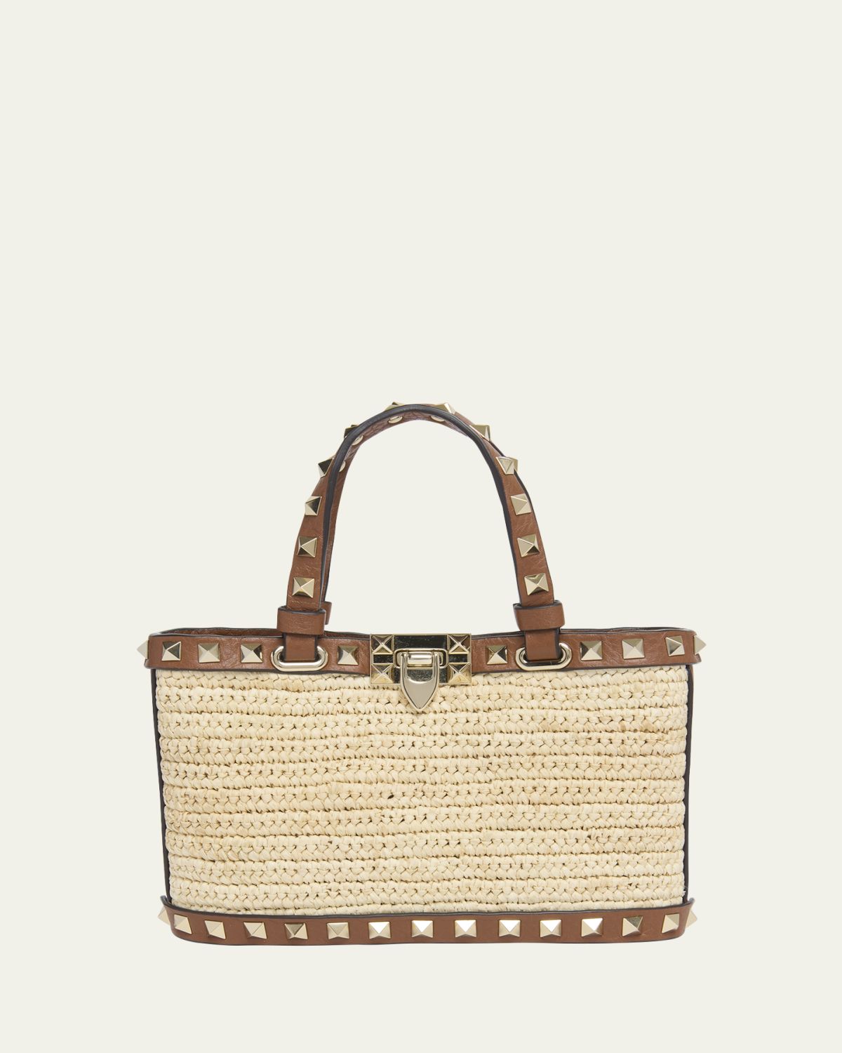 Valentino Garavani Mini Rockstud Viscose Raffia Top-Handle Bag
