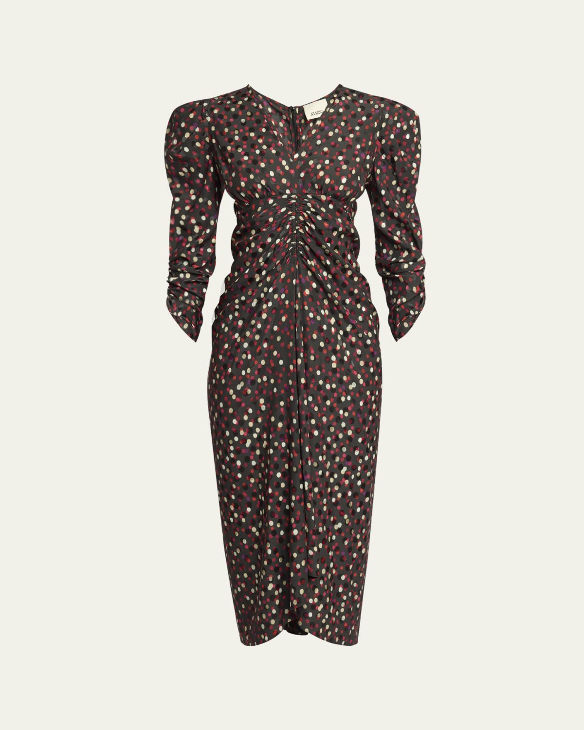 Isabel Marant Albini Polka-Dot Ruched-Sleeve Midi Dress