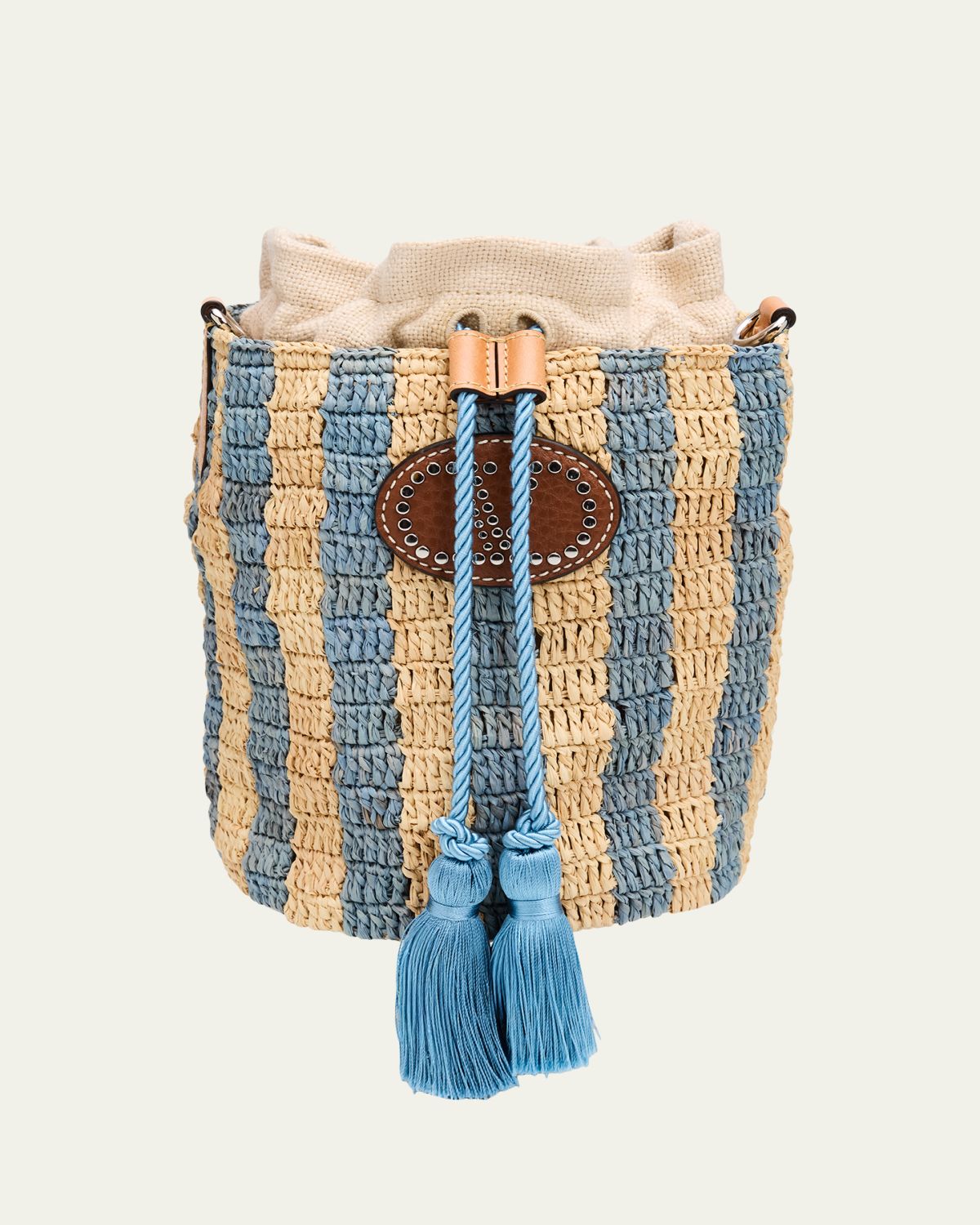 Valentino Garavani Small Striped Viscose Raffia Bucket Bag